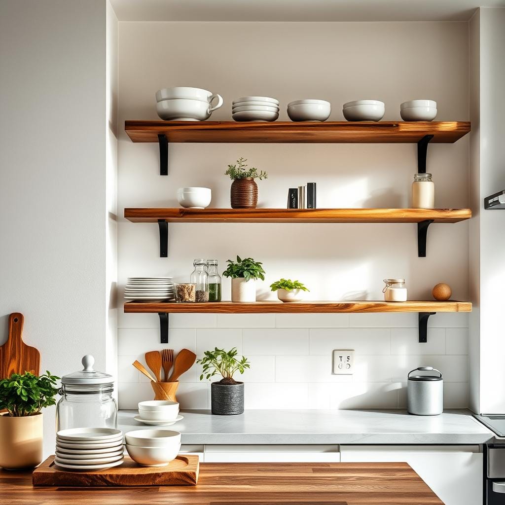 A contemporary kitchen featuring beautifully styled DIY shelves, emphasizing the concept of negative space. In the foreground, showcase neatly arranged kitchenware—ceramic dishes, glass jars, and potted herbs—set against a white wall. The middle layer includes the open wooden shelves, crafted from reclaimed wood, showcasing minimalistic décor with a few strategically placed items, allowing breathing room. In the background, soft natural light filters through a nearby window, creating a warm and inviting atmosphere. Capture this scene from a slightly elevated angle to highlight the shelves while keeping the focus on the negative space effect. The overall mood is clean, stylish, and modern, inviting viewers to appreciate the beauty of simplicity in kitchen design.