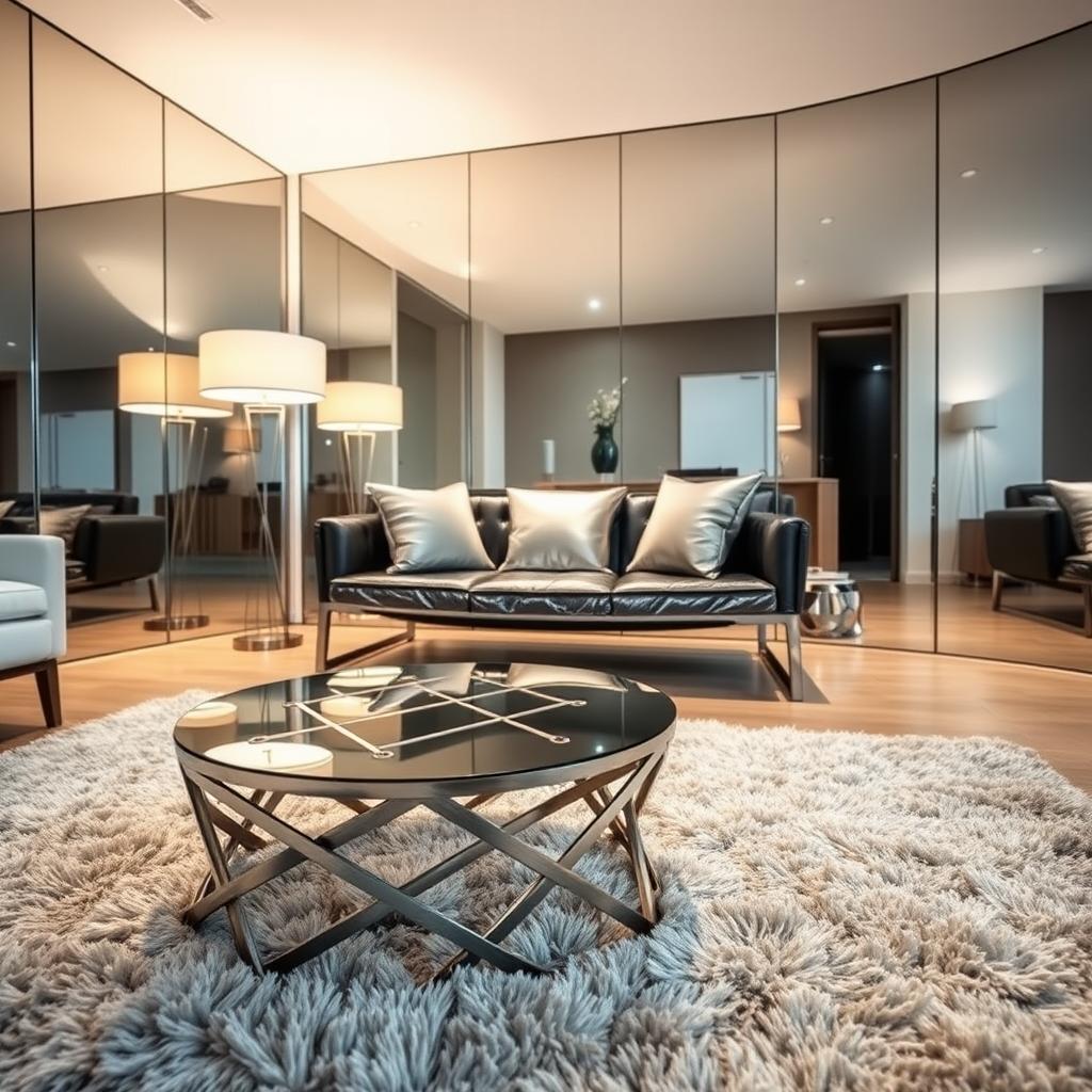 A contemporary living room featuring sleek metallic and glass decor that captures and reflects light. In the foreground, a polished silver coffee table with an intricate geometric design sits atop a plush, neutral-colored rug. The middle of the room highlights a stylish glass sofa adorned with metallic accent cushions, with an elegant floor lamp casting a warm glow. In the background, large mirrored panels on the walls amplify the light, creating an illusion of space. Soft ambient lighting complements the reflection, producing a serene yet sophisticated atmosphere. The room is arranged for comfort and elegance, emphasizing the interplay of light and materials, designed to brighten a space with minimal natural light.