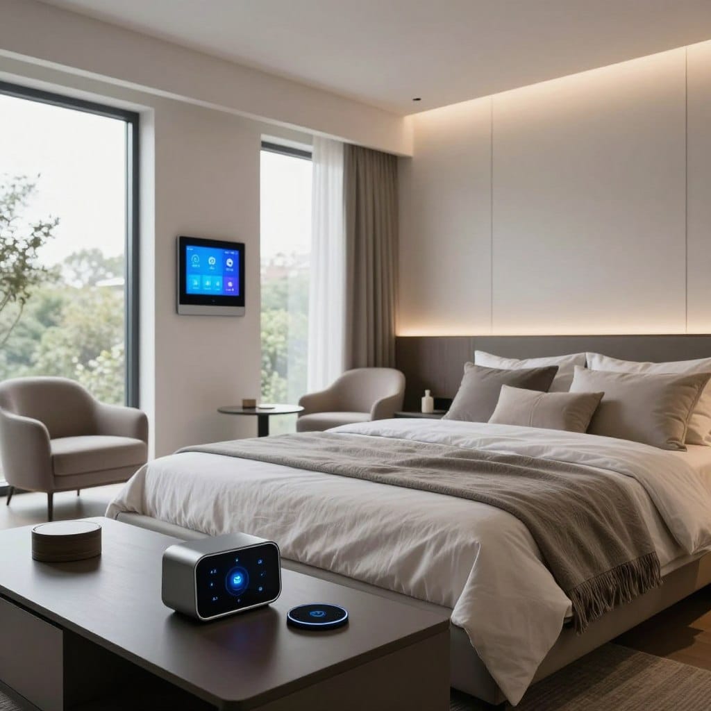 A contemporary master bedroom featuring seamless technology integration, showcasing a sleek, minimalistic design. In the foreground, a stylish king-sized bed adorned with soft, textured bedding and elegant throw pillows. On the bedside table, a modern smart alarm clock and a wireless charging pad are prominent. In the middle ground, large windows allow natural light to flood in, highlighting a smart home control panel on the wall. A cozy seating area with a plush armchair and a small coffee table sits opposite the bed. The background reveals ambient lighting fixtures, including a smart LED panel that changes hue, creating a tranquil atmosphere. The overall mood is serene and luxurious, captured in soft, diffused lighting, taken from a slightly elevated angle to showcase the room's layout and tech features effectively.