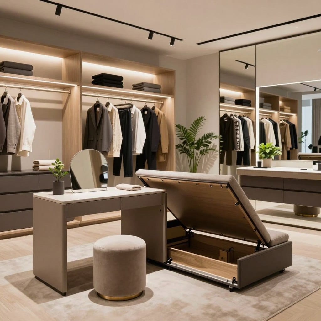 A contemporary multi-functional dressing room featuring a sleek, modern layout. In the foreground, stylish convertible furniture pieces such as a foldable vanity table with a plush ottoman and a space-saving bench that opens for storage. The middle ground showcases a well-organized wardrobe wall with built-in shelves and hanging space, accentuated by soft, warm lighting that highlights the textures of the fabrics and surfaces. The background includes large mirrors reflecting the room’s elegance, with neutral tones and subtle accents of greenery from potted plants. The atmosphere is serene and luxurious, designed for both dressing and relaxation. Capture this scene with a wide-angle lens to convey spaciousness, ensuring the lighting is soft and inviting to enhance the modern aesthetic.