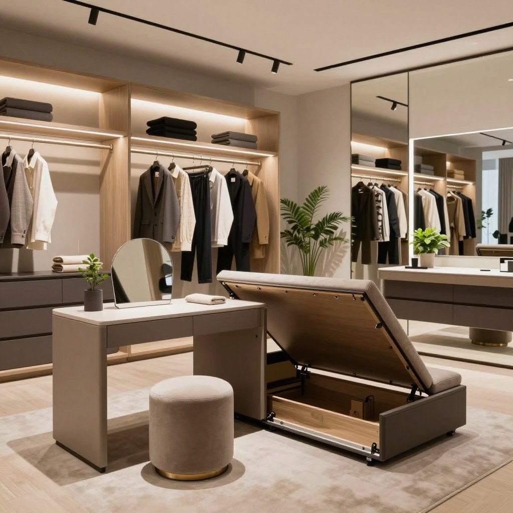 A contemporary multi-functional dressing room featuring a sleek, modern layout. In the foreground, stylish convertible furniture pieces such as a foldable vanity table with a plush ottoman and a space-saving bench that opens for storage. The middle ground showcases a well-organized wardrobe wall with built-in shelves and hanging space, accentuated by soft, warm lighting that highlights the textures of the fabrics and surfaces. The background includes large mirrors reflecting the room’s elegance, with neutral tones and subtle accents of greenery from potted plants. The atmosphere is serene and luxurious, designed for both dressing and relaxation. Capture this scene with a wide-angle lens to convey spaciousness, ensuring the lighting is soft and inviting to enhance the modern aesthetic. A contemporary multi-functional dressing room featuring a sleek, modern layout. In the foreground, stylish convertible furniture pieces such as a foldable vanity table with a plush ottoman and a space-saving bench that opens for storage. The middle ground showcases a well-organized wardrobe wall with built-in shelves and hanging space, accentuated by soft, warm lighting that highlights the textures of the fabrics and surfaces. The background includes large mirrors reflecting the room’s elegance, with neutral tones and subtle accents of greenery from potted plants. The atmosphere is serene and luxurious, designed for both dressing and relaxation. Capture this scene with a wide-angle lens to convey spaciousness, ensuring the lighting is soft and inviting to enhance the modern aesthetic.