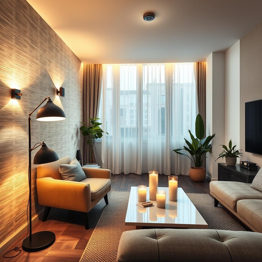 A contemporary small living room featuring layered lighting sources, showcasing a harmonious blend of ambient, task, and accent lighting. In the foreground, a stylish floor lamp with a warm glow illuminates a modern armchair, while strategically placed wall sconces add accent light to textured wallpaper. In the middle, a sleek coffee table is adorned with decorative candles that flicker softly, enhancing the welcoming atmosphere. The background reveals large windows draped with sheer curtains, allowing natural light to filter in, complemented by a subtle ceiling light fixture. The room is styled with minimalist decor, neutral tones, and houseplants, creating a cozy and inviting mood. Shot with a wide-angle lens to capture the full essence of the space, highlighting the intelligent use of lighting to maximize both brightness and functionality.