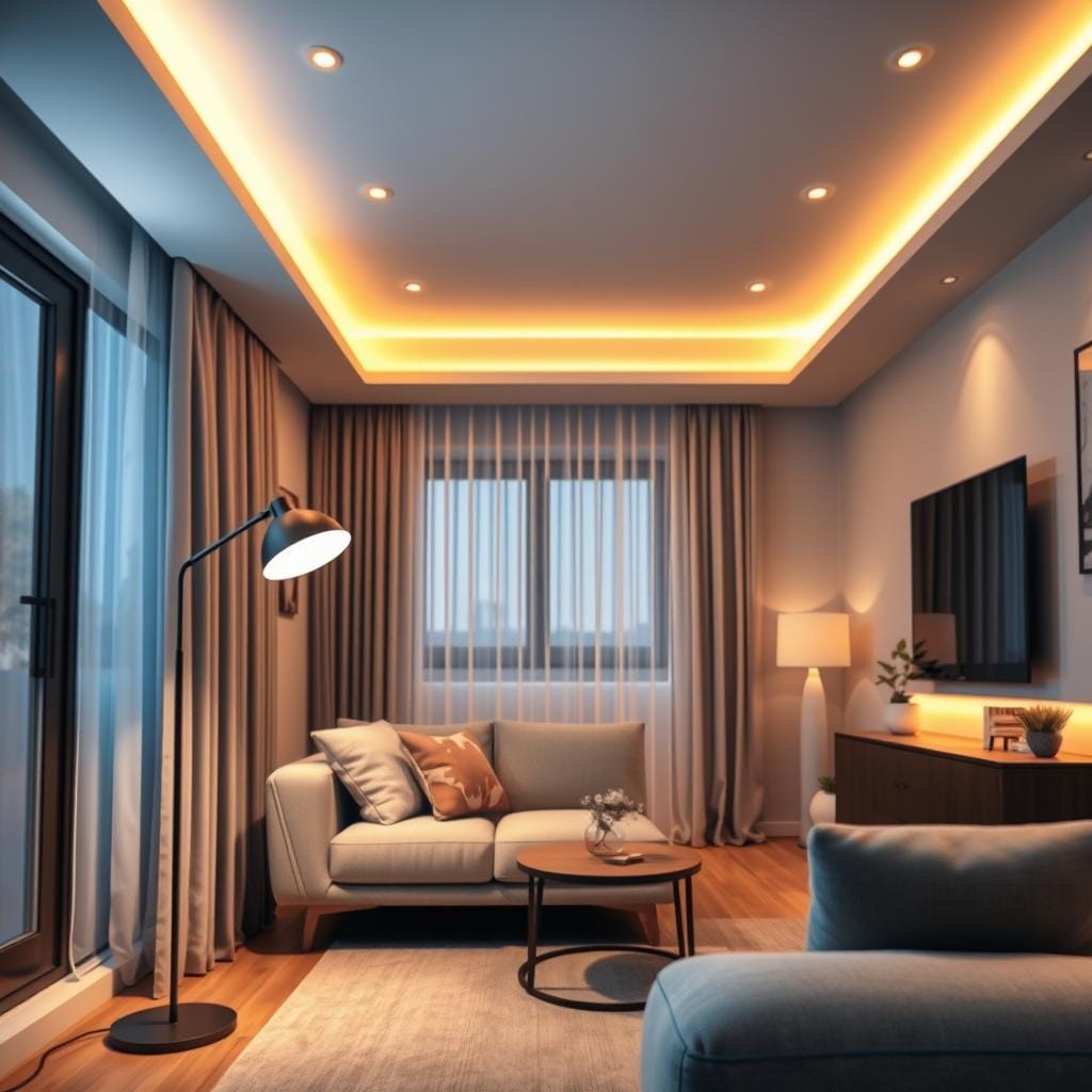 A contemporary small living room featuring smart lighting solutions that enhance both functionality and aesthetics. In the foreground, a sleek modern floor lamp with adjustable brightness and color temperature settings stands beside a minimalist sofa. The middle of the room showcases recessed ceiling lights that create a warm, inviting ambiance, alongside smart LED strip lights along the wall. The background displays a window with sheer curtains, allowing natural light to filter in, complemented by stylish decor. The atmosphere is cozy and smart, emphasizing a blend of comfort and advanced technology, with a focus on creating an inviting yet modern living space. Use a soft focus lens effect to enhance warmth and appeal.