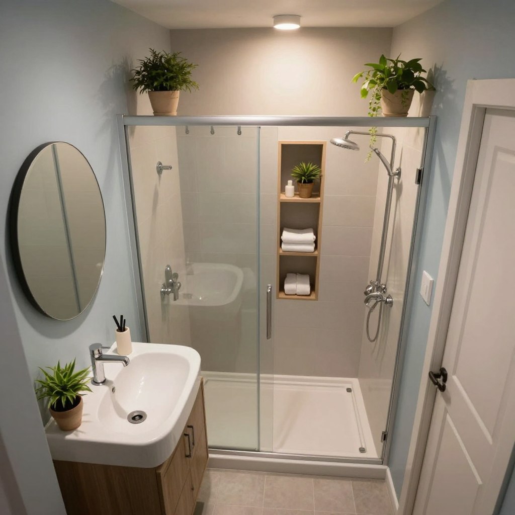 A cozy and elegant small bathroom design, showcasing innovative space-saving features. In the foreground, a compact, modern sink with a stylish, circular mirror above it. The middle ground features a petite shower with sleek glass doors and clever storage solutions, such as open shelves with neatly arranged towels and plants. The background includes warm, ambient lighting from recessed fixtures, enhancing the inviting atmosphere. Soft, neutral color palettes of light gray and muted blue create a serene environment, while natural textures like wood accents and greenery add warmth. The angle is slightly elevated, capturing the entire layout effectively, creating a sense of openness and functionality in this small space. A cozy and elegant small bathroom design, showcasing innovative space-saving features. In the foreground, a compact, modern sink with a stylish, circular mirror above it. The middle ground features a petite shower with sleek glass doors and clever storage solutions, such as open shelves with neatly arranged towels and plants. The background includes warm, ambient lighting from recessed fixtures, enhancing the inviting atmosphere. Soft, neutral color palettes of light gray and muted blue create a serene environment, while natural textures like wood accents and greenery add warmth. The angle is slightly elevated, capturing the entire layout effectively, creating a sense of openness and functionality in this small space.