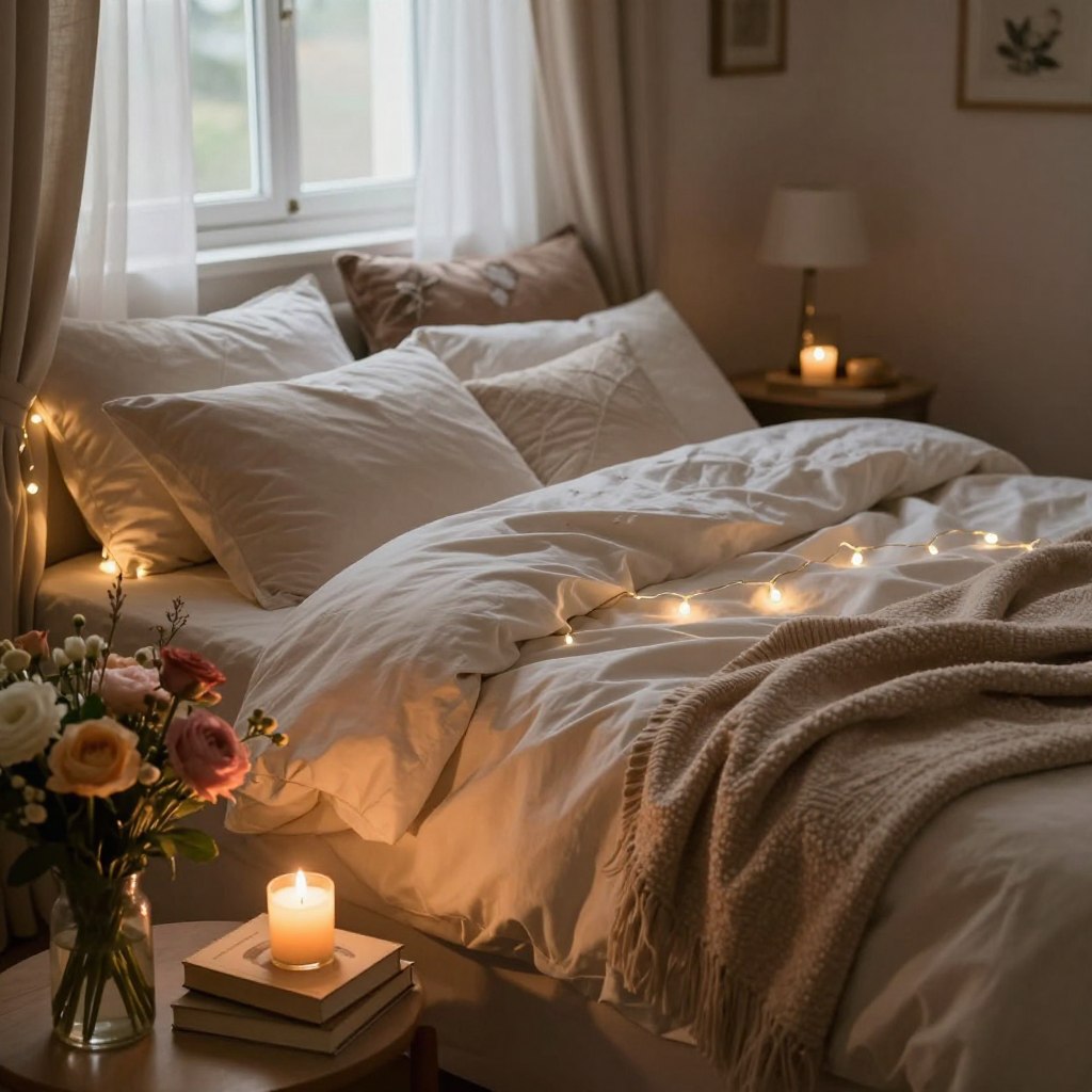 A cozy and inviting romantic bedroom scene, focusing on a plush, elegantly made bed with soft, luxurious bedding in warm, muted tones. The foreground features a bedside table with a beautifully arranged bouquet of fresh flowers, a flickering candle, and a small stack of books. In the middle, the bed is adorned with decorative pillows and a soft throw blanket, while fairy lights gently illuminate the room, creating a soft glow. The background showcases a softly draped window with sheer curtains, allowing gentle, natural light to filter in. The atmosphere is intimate and serene, evoking a feeling of comfort and romance. Capture the image from a slightly elevated angle to emphasize the bed's inviting nature, ensuring the overall composition feels warm and welcoming, suitable for a romantic ambiance. A cozy and inviting romantic bedroom scene, focusing on a plush, elegantly made bed with soft, luxurious bedding in warm, muted tones. The foreground features a bedside table with a beautifully arranged bouquet of fresh flowers, a flickering candle, and a small stack of books. In the middle, the bed is adorned with decorative pillows and a soft throw blanket, while fairy lights gently illuminate the room, creating a soft glow. The background showcases a softly draped window with sheer curtains, allowing gentle, natural light to filter in. The atmosphere is intimate and serene, evoking a feeling of comfort and romance. Capture the image from a slightly elevated angle to emphasize the bed's inviting nature, ensuring the overall composition feels warm and welcoming, suitable for a romantic ambiance.
