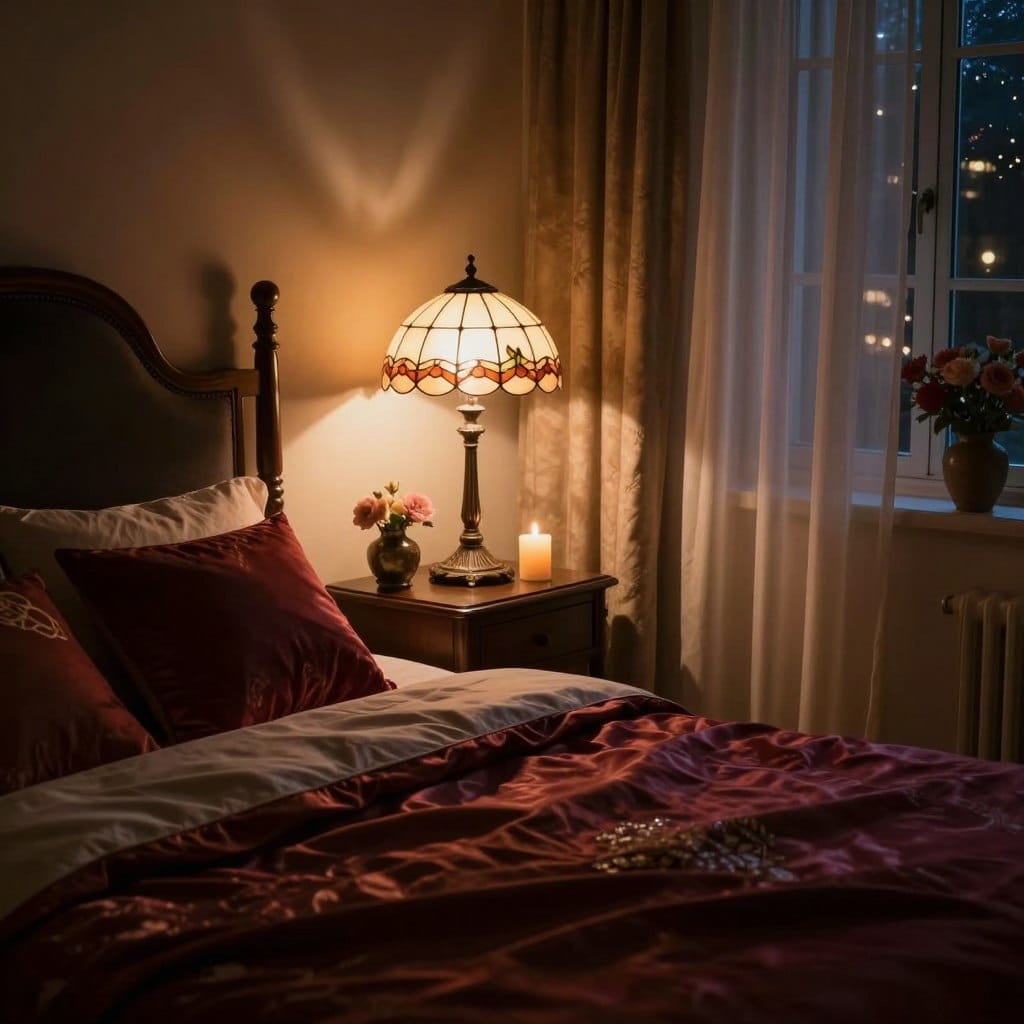 A cozy and inviting romantic bedroom scene illuminated by soft, warm lighting. In the foreground, a plush bed adorned with luxurious silk sheets and decorative pillows in rich, deep colors. A bedside table with a flickering candle casts gentle shadows, adding to the intimate atmosphere. In the middle, a delicate vintage lamp with a stained glass shade emits a soft glow, while subtle floral accents and elegant decor pieces enhance the mood. In the background, soft drapes frame a window, allowing a glimpse of twinkling city lights outside. The entire room radiates a serene and romantic ambiance, ideal for relaxation and intimacy, with an emphasis on inviting details and a moody atmosphere.
