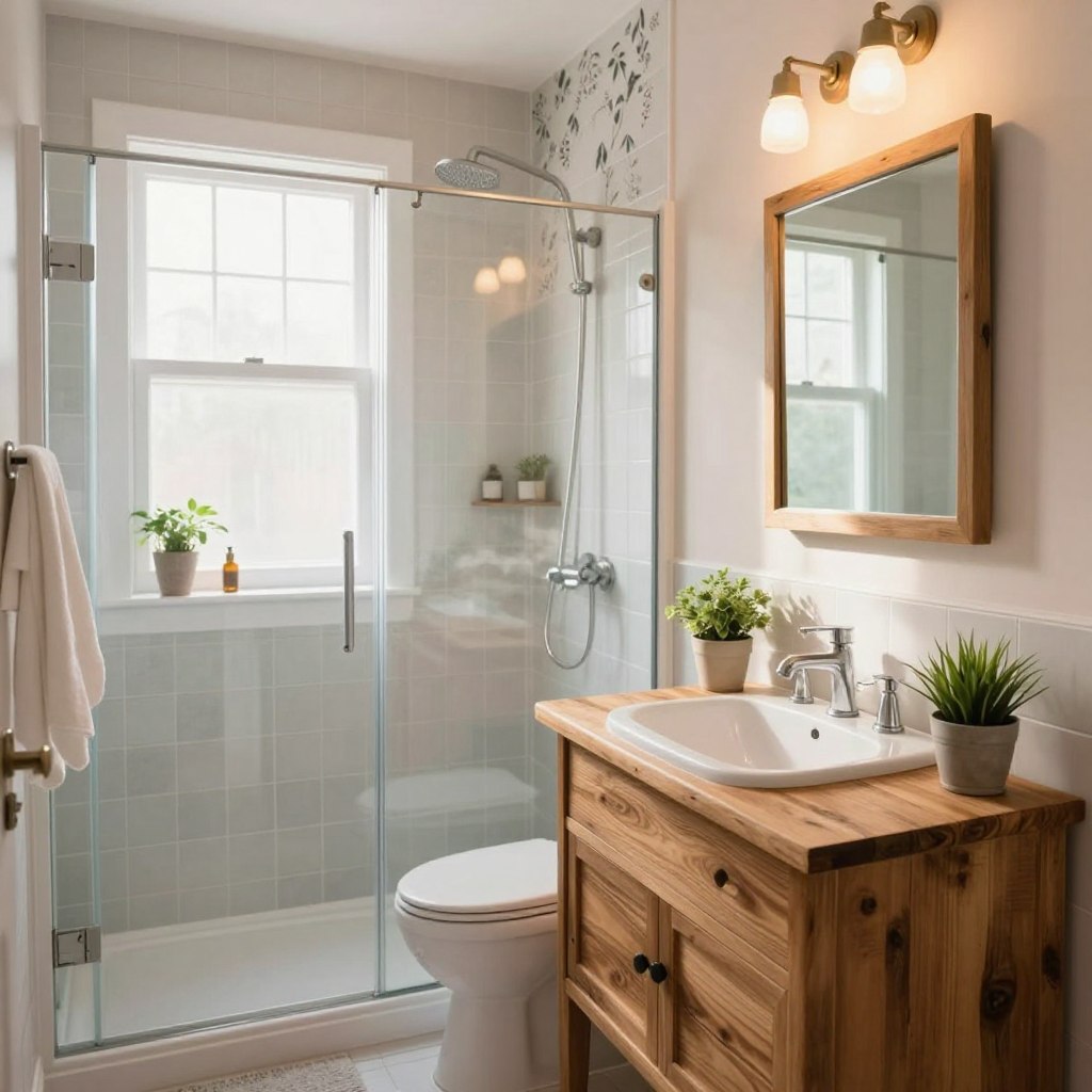A cozy and inviting small bathroom, showcasing a blend of DIY decor and professional design elements. In the foreground, a stylish vanity made from reclaimed wood with elegant fixtures, adorned with small potted plants. In the middle, a well-organized layout features a shower area with glass doors, tasteful tile accents, and a wall-mounted mirror reflecting warm, natural light. The background highlights a charming window allowing sunlight to filter in, creating a bright atmosphere. The scene captures a harmonious blend of modern design with rustic touches, decorated in soft pastel colors to evoke a sense of calm and creativity. The overall mood is uplifting and aspirational, inviting viewers to consider their own bathroom remodel options. A cozy and inviting small bathroom, showcasing a blend of DIY decor and professional design elements. In the foreground, a stylish vanity made from reclaimed wood with elegant fixtures, adorned with small potted plants. In the middle, a well-organized layout features a shower area with glass doors, tasteful tile accents, and a wall-mounted mirror reflecting warm, natural light. The background highlights a charming window allowing sunlight to filter in, creating a bright atmosphere. The scene captures a harmonious blend of modern design with rustic touches, decorated in soft pastel colors to evoke a sense of calm and creativity. The overall mood is uplifting and aspirational, inviting viewers to consider their own bathroom remodel options.
