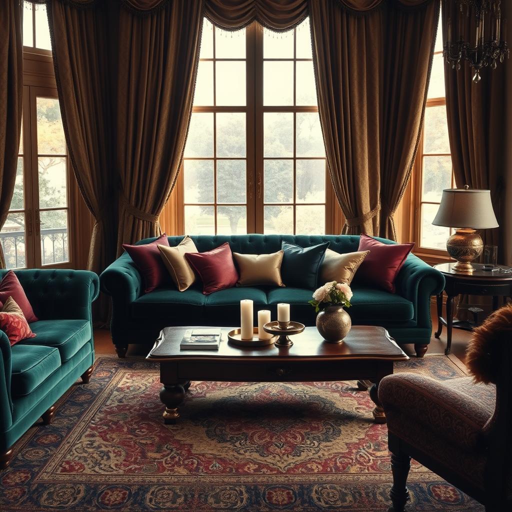 A cozy and opulent living room scene highlighting luxurious textiles and textures. In the foreground, a plush velvet sofa in a deep emerald green, adorned with an assortment of satin and silk cushions in rich jewel tones like ruby, gold, and navy. The middle ground features an intricately woven area rug with an elaborate pattern, complemented by a wooden coffee table with brass accents, showcasing an artful array of decorative objects, like a scented candle and a delicate vase with fresh flowers. In the background, elegant drapes made of heavy brocade cascade from tall windows, allowing soft, warm light to filter in, creating a moody, inviting atmosphere. The scene captures a sense of sophistication and depth, perfect for a dramatic transformation. A cozy and opulent living room scene highlighting luxurious textiles and textures. In the foreground, a plush velvet sofa in a deep emerald green, adorned with an assortment of satin and silk cushions in rich jewel tones like ruby, gold, and navy. The middle ground features an intricately woven area rug with an elaborate pattern, complemented by a wooden coffee table with brass accents, showcasing an artful array of decorative objects, like a scented candle and a delicate vase with fresh flowers. In the background, elegant drapes made of heavy brocade cascade from tall windows, allowing soft, warm light to filter in, creating a moody, inviting atmosphere. The scene captures a sense of sophistication and depth, perfect for a dramatic transformation.