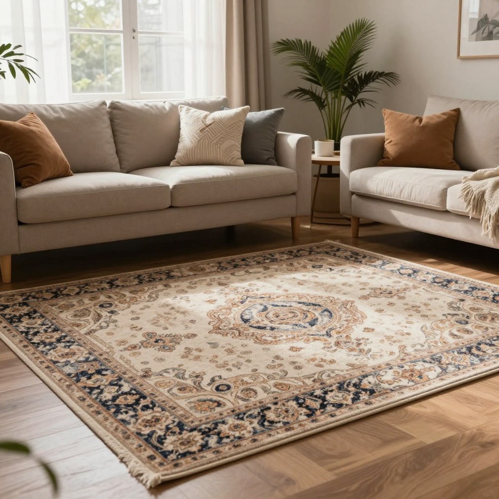 A cozy and stylish living room featuring a beautifully designed area rug that reflects a balance of quality and affordability. In the foreground, the rug is elegantly displayed, showcasing intricate patterns and textures that invite touch. The middle ground reveals a comfortable sofa adorned with decorative cushions and a small coffee table, creating a harmonious atmosphere. In the background, warm natural light filters through a window with sheer curtains, illuminating the room and enhancing the inviting feel. A few potted plants add a touch of greenery. The overall mood is serene and balanced, emphasizing the importance of smart choices in style and materials for a budget-conscious homeowner. A cozy and stylish living room featuring a beautifully designed area rug that reflects a balance of quality and affordability. In the foreground, the rug is elegantly displayed, showcasing intricate patterns and textures that invite touch. The middle ground reveals a comfortable sofa adorned with decorative cushions and a small coffee table, creating a harmonious atmosphere. In the background, warm natural light filters through a window with sheer curtains, illuminating the room and enhancing the inviting feel. A few potted plants add a touch of greenery. The overall mood is serene and balanced, emphasizing the importance of smart choices in style and materials for a budget-conscious homeowner.