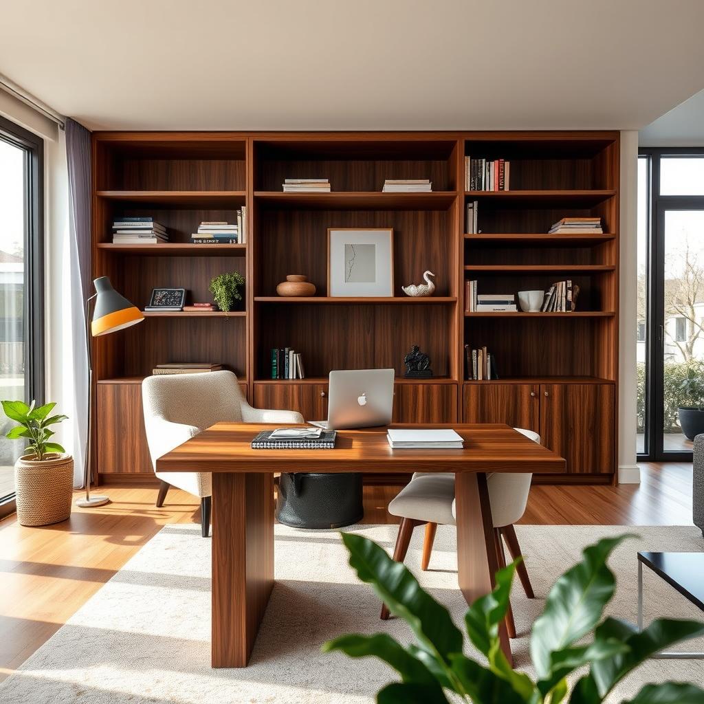A cozy and stylish secret home office integrated into a modern living room. In the foreground, a sleek, minimalist desk is cleverly concealed within a custom-built bookshelf, its wooden grains complementing the surrounding decor. The middle ground features a plush, inviting armchair and a small coffee table, adorned with books and a plant, enhancing the space's warmth. In the background, large windows allow natural light to flow in, illuminating the room with a soft, inviting glow. The overall mood is serene and productive, emphasizing a harmonious blend of work and relaxation. The angle captures the scene at a slight diagonal, showcasing the hidden desk feature while maintaining a focus on the overall living space aesthetic. A cozy and stylish secret home office integrated into a modern living room. In the foreground, a sleek, minimalist desk is cleverly concealed within a custom-built bookshelf, its wooden grains complementing the surrounding decor. The middle ground features a plush, inviting armchair and a small coffee table, adorned with books and a plant, enhancing the space's warmth. In the background, large windows allow natural light to flow in, illuminating the room with a soft, inviting glow. The overall mood is serene and productive, emphasizing a harmonious blend of work and relaxation. The angle captures the scene at a slight diagonal, showcasing the hidden desk feature while maintaining a focus on the overall living space aesthetic.