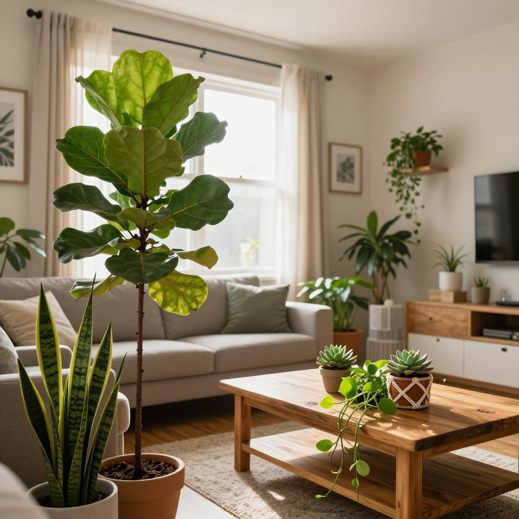 A cozy apartment living room featuring a variety of chic, apartment-friendly indoor plants. In the foreground, a stylish potted fiddle leaf fig with large, bright green leaves stands beside a small, decorative snake plant with sleek, upright foliage. In the middle, a rustic wooden coffee table showcases a charming succulent arrangement and a vibrant pothos hanging in a macramé planter. The background reveals a sunlit window with sheer curtains, filtering warm natural light that creates a soothing atmosphere. The room is tastefully decorated with neutral tones and modern furnishings, evoking a fresh and inviting mood. Shot with a wide-angle lens to capture the inviting space from a slight upward angle, enhancing the sense of depth and comfort. A cozy apartment living room featuring a variety of chic, apartment-friendly indoor plants. In the foreground, a stylish potted fiddle leaf fig with large, bright green leaves stands beside a small, decorative snake plant with sleek, upright foliage. In the middle, a rustic wooden coffee table showcases a charming succulent arrangement and a vibrant pothos hanging in a macramé planter. The background reveals a sunlit window with sheer curtains, filtering warm natural light that creates a soothing atmosphere. The room is tastefully decorated with neutral tones and modern furnishings, evoking a fresh and inviting mood. Shot with a wide-angle lens to capture the inviting space from a slight upward angle, enhancing the sense of depth and comfort.