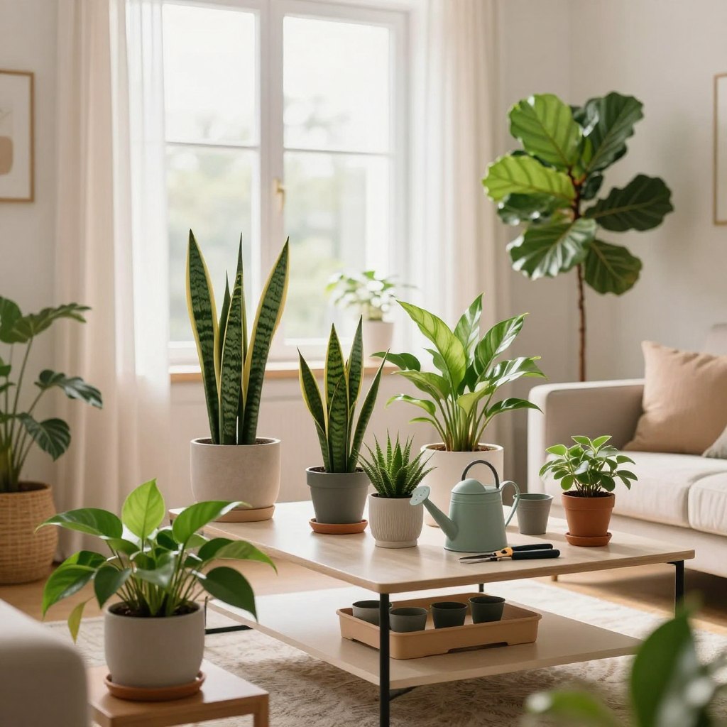 A cozy apartment living room filled with an array of stylish indoor plants, showcasing essential care tips for plant thriving. In the foreground, a variety of healthy plants like pothos, snake plants, and fiddle leaf figs in decorative pots and planters. The middle ground features a sleek coffee table with gardening tools, such as a watering can, pruning shears, and a small potting tray. In the background, a sunlit window draped with sheer curtains fosters a warm atmosphere, allowing natural light to illuminate the space. The overall mood is fresh and inviting, with soft pastel colors and a clean, modern aesthetic. The scene is captured with soft focus, emphasizing the plants while the rest of the room is slightly out of focus, creating a serene ambiance perfect for plant care. A cozy apartment living room filled with an array of stylish indoor plants, showcasing essential care tips for plant thriving. In the foreground, a variety of healthy plants like pothos, snake plants, and fiddle leaf figs in decorative pots and planters. The middle ground features a sleek coffee table with gardening tools, such as a watering can, pruning shears, and a small potting tray. In the background, a sunlit window draped with sheer curtains fosters a warm atmosphere, allowing natural light to illuminate the space. The overall mood is fresh and inviting, with soft pastel colors and a clean, modern aesthetic. The scene is captured with soft focus, emphasizing the plants while the rest of the room is slightly out of focus, creating a serene ambiance perfect for plant care.