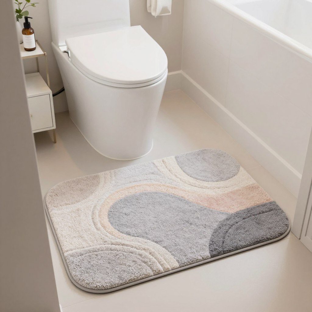A cozy bathroom scene featuring a compact toilet area adorned with stylish contour rugs. In the foreground, showcase a soft, plush contour rug in a modern geometric shape, nestled around a toilet. The rug should have a subtle color palette, blending light grays and pastels to create a serene ambiance. In the middle, display a neatly organized bathroom space with minimal decor, including a sleek toilet and a small cabinet for toiletries. The background should feature soft lighting that evokes a calm atmosphere, perhaps with a hint of greenery from potted plants. Capture the scene from a slightly angled perspective, focusing on the rug's texture and the harmonious design elements that optimize the small space. The overall mood should feel inviting and contemporary, suitable for modern living. A cozy bathroom scene featuring a compact toilet area adorned with stylish contour rugs. In the foreground, showcase a soft, plush contour rug in a modern geometric shape, nestled around a toilet. The rug should have a subtle color palette, blending light grays and pastels to create a serene ambiance. In the middle, display a neatly organized bathroom space with minimal decor, including a sleek toilet and a small cabinet for toiletries. The background should feature soft lighting that evokes a calm atmosphere, perhaps with a hint of greenery from potted plants. Capture the scene from a slightly angled perspective, focusing on the rug's texture and the harmonious design elements that optimize the small space. The overall mood should feel inviting and contemporary, suitable for modern living.