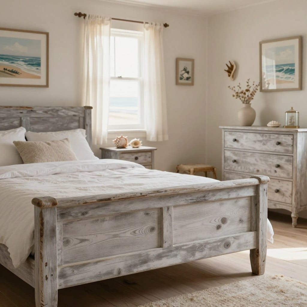 A cozy beach cottage bedroom featuring beautifully weathered wood furniture, such as a rustic bed frame, nightstands, and a vintage dresser. The foreground showcases the textured wood in soft, muted tones of grey and white, highlighting the natural grain and imperfections. In the middle, delicate seaside decor elements like seashells and framed coastal artwork enhance the aesthetic. The background includes a softly lit window with sheer white curtains, allowing gentle, warm sunlight to filter in, creating a serene atmosphere. The overall mood is calm and inviting, perfect for a beach retreat. Photograph taken with a wide-angle lens to capture the entire room, emphasizing the charm of the weathered wood elements. No text or watermarks.