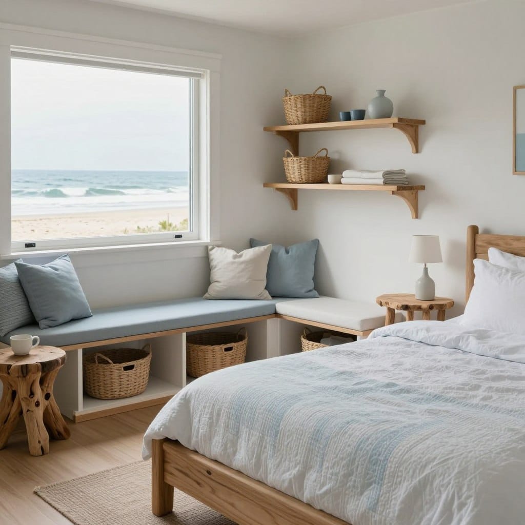 A cozy beach cottage bedroom featuring innovative storage solutions. In the foreground, a stylish wooden bed with a soft, pastel-colored quilt invites relaxation, while side tables crafted from driftwood add charm. The middle layer showcases integrated shelving units and a charming storage bench near a window, filled with decorative baskets for organization. In the background, a light-flooded window reveals serene coastal views with gentle waves and soft sand, enhancing the tranquil atmosphere. The room features a color palette of soft blues and whites, evoking a beachy vibe. Natural light floods in, highlighting the textures of the wood and fabric, creating a warm, inviting space perfect for seaside living. Capture this peaceful, organized environment from a slightly angled perspective.