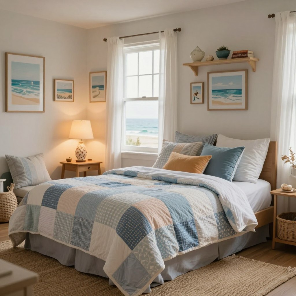 A cozy beach cottage bedroom featuring personalized touches that evoke a laid-back coastal lifestyle. In the foreground, a neatly made queen-size bed with a patchwork quilt in soft blues and whites, adorned with a variety of colorful cushions. On the bedside table, a unique seashell lamp casts a warm glow. In the middle ground, a large window with sheer white curtains allows soft, natural light to fill the room, illuminating coastal-inspired artwork on the walls, including framed photographs of beach scenes. A woven area rug adds texture beneath the bed. In the background, shelves display quaint beach souvenirs and books. The atmosphere is serene and inviting, evoking the tranquility of seaside living. Shot in soft focus with warm lighting to enhance the cozy feeling.