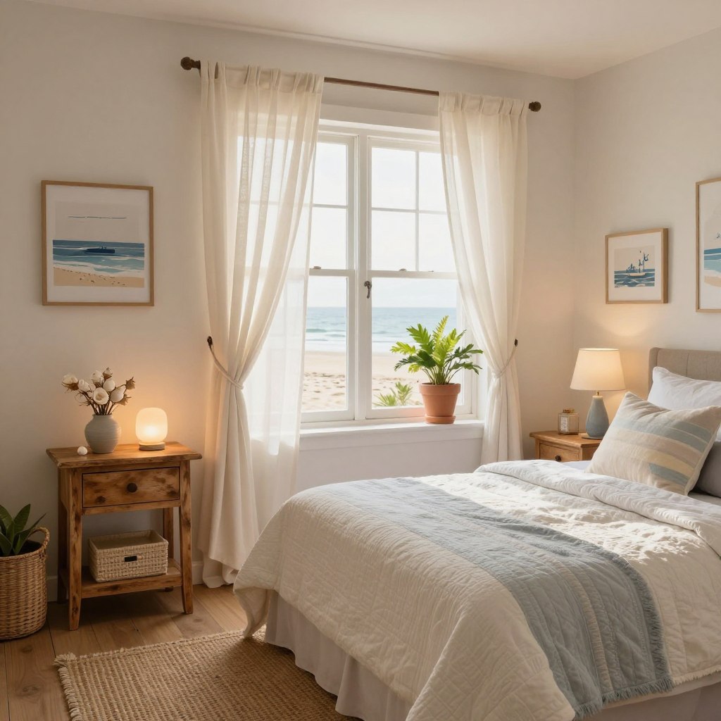A cozy beach cottage bedroom showcasing seasonal updates for a fresh look. In the foreground, a neatly made bed adorned with a light, airy quilt in soft pastel colors, with beach-themed throw pillows. A stylish, weathered wooden nightstand holds a small vase of freshly picked seashells beside a softly glowing lamp. In the middle ground, airy gauze curtains flutter in the gentle breeze, filtering warm, natural light that casts a calming glow across the room. Decorative details like a woven jute rug and nautical-themed artwork on the walls enhance the cozy ambiance. The background features a window with a view of the beach, framed by vibrant potted plants. The overall atmosphere is serene and inviting, embodying a relaxed coastal lifestyle.