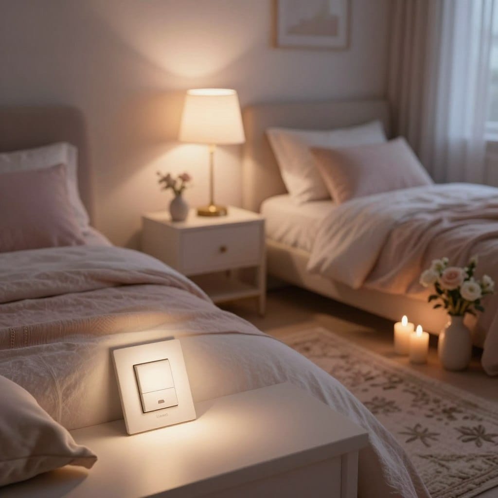 A cozy bedroom featuring an elegant bed with soft, inviting linen in muted pastel colors. In the foreground, a stylish dimmer switch allows for control of the lighting, highlighting a pair of sophisticated bedside lamps emitting warm, tunable white light. The middle ground showcases a plush area rug and delicate decorative elements like candles and a small vase with fresh flowers. The background reveals soft, ambient lighting throughout the room, enhancing intimacy. The scene is softly illuminated, creating a romantic atmosphere, with shadows playing gently across the walls. The angle is slightly elevated, capturing the cozy, inviting feel of the room, making it perfect for relaxation. The overall mood is serene and enchanting, ideal for a romantic evening.