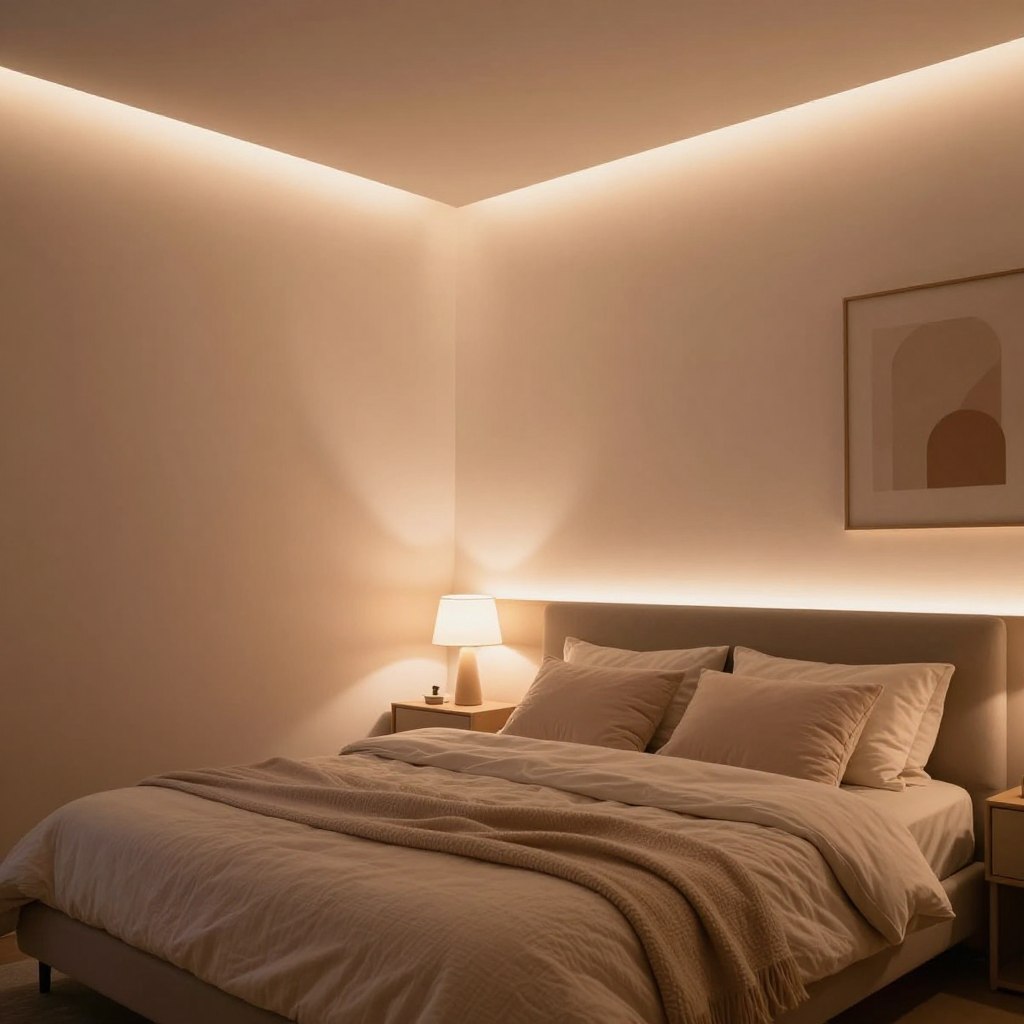 A cozy bedroom featuring soft cove lighting that casts a warm, inviting glow on the walls, creating an intimate atmosphere. In the foreground, a plush bed with textured bedding sits gracefully, adorned with fluffy pillows and a cozy throw. The middle of the scene showcases an elegant cove lighting installation along the ceiling, illuminating warm pastel hues, while strategically placed LED strips gently highlight the contours of furniture like nightstands and a bedside lamp. The background includes soft, muted artwork that complements the overall ambiance. A gentle, diffused light enhances the mood, captured from a low angle to accentuate the inviting glow, reflecting a serene and romantic feel ideal for relaxation and intimacy. A cozy bedroom featuring soft cove lighting that casts a warm, inviting glow on the walls, creating an intimate atmosphere. In the foreground, a plush bed with textured bedding sits gracefully, adorned with fluffy pillows and a cozy throw. The middle of the scene showcases an elegant cove lighting installation along the ceiling, illuminating warm pastel hues, while strategically placed LED strips gently highlight the contours of furniture like nightstands and a bedside lamp. The background includes soft, muted artwork that complements the overall ambiance. A gentle, diffused light enhances the mood, captured from a low angle to accentuate the inviting glow, reflecting a serene and romantic feel ideal for relaxation and intimacy.