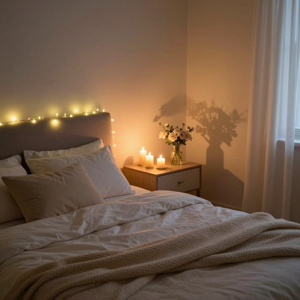 A cozy bedroom scene designed for romance, featuring soft, warm lighting that creates an intimate atmosphere. In the foreground, a beautifully styled bed with plush pillows and a luxurious throw blanket. Sparkling fairy lights drape elegantly above the headboard. In the middle ground, a tasteful bedside table adorned with flickering candles and a small vase of fresh flowers, casting gentle shadows. The background showcases lightly tinted walls in soft hues, with strategically placed ambient lamps emitting a warm glow. A hint of soft curtains draws light, enhancing the mood. The entire scene is captured in a slight overhead angle to emphasize depth and intimacy, showcasing the serene and inviting ambiance ideal for romantic evenings.