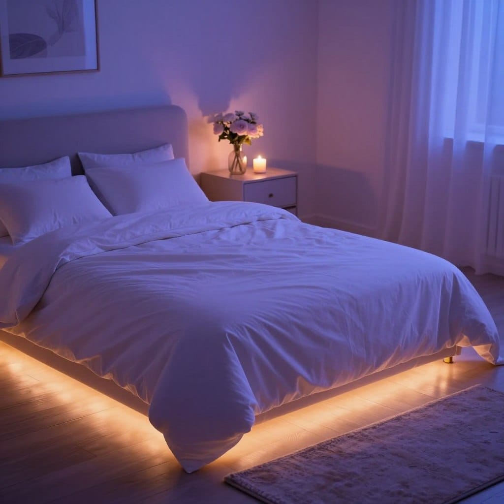 A cozy bedroom scene featuring soft under-bed LED lighting in gentle hues of blue and purple, creating a dreamy atmosphere. In the foreground, a plush, elegantly designed bed with minimalistic bedding is illuminated from beneath, casting a warm, inviting glow on the wooden floor. In the middle, a stylish nightstand holds a small vase of fresh flowers and a flickering candle, amplifying the romantic mood. The background features softly blurred walls adorned with delicate artwork and a cozy rug, enhancing the intimate feel of the space. The lighting is soft and diffused, captured from a slightly elevated angle to emphasize the captivating glow of the LED lights. The overall ambiance is tranquil and dreamy, perfect for a romantic retreat.