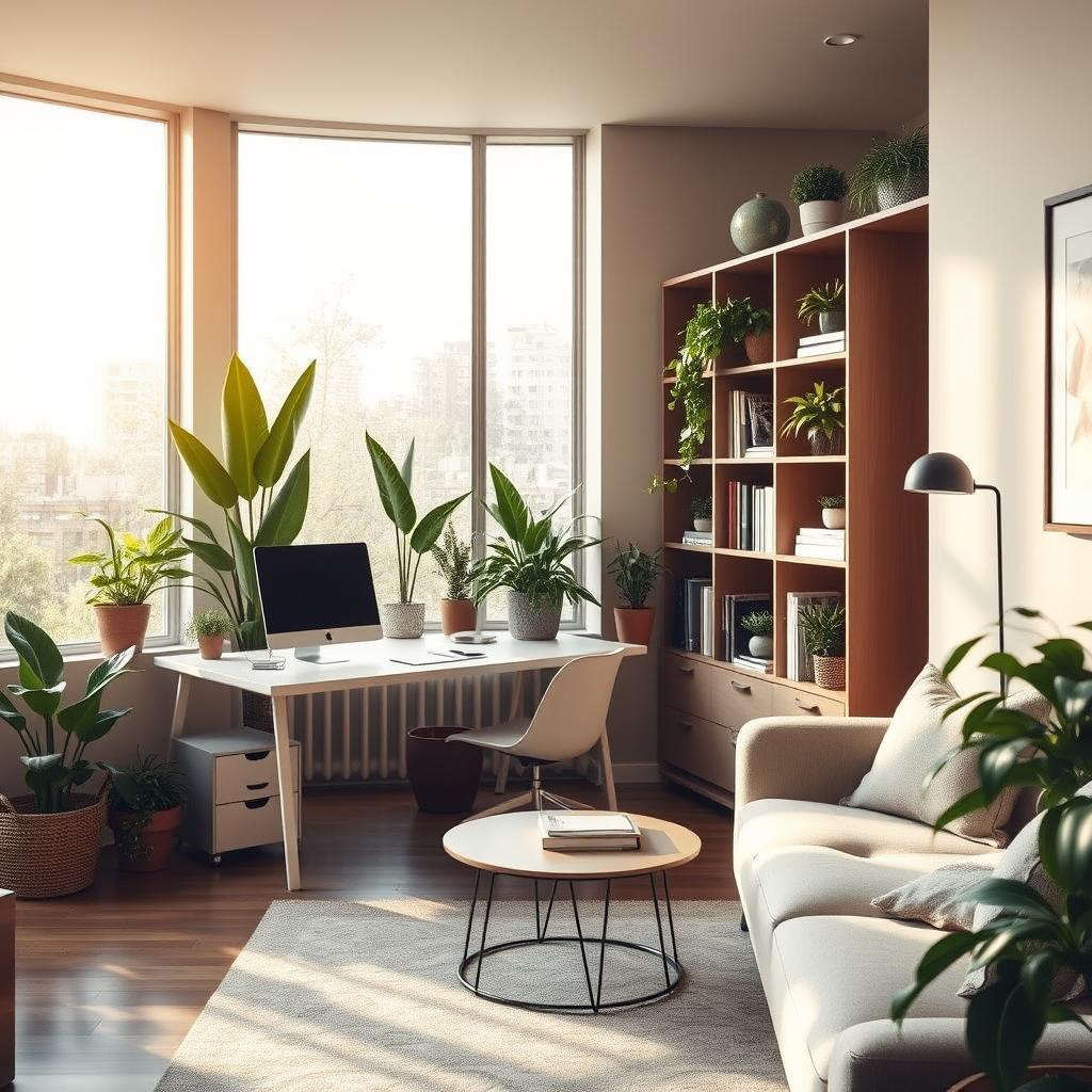 A cozy, camouflaged home office tucked away in a modern living space. In the foreground, a sleek, minimalist desk is seamlessly integrated into a stylish bookshelf, surrounded by various indoor plants providing a touch of nature. The middle ground showcases a soft armchair and a small coffee table, emphasizing the multifunctional aspect of the space. The background features large windows letting in warm, natural light, casting gentle shadows across the room. The atmosphere is inviting and peaceful, with a color palette of earth tones and soft greens. Photograph taken from a slightly elevated angle, emphasizing the workspace’s hidden yet accessible design within the overall home decor. A cozy, camouflaged home office tucked away in a modern living space. In the foreground, a sleek, minimalist desk is seamlessly integrated into a stylish bookshelf, surrounded by various indoor plants providing a touch of nature. The middle ground showcases a soft armchair and a small coffee table, emphasizing the multifunctional aspect of the space. The background features large windows letting in warm, natural light, casting gentle shadows across the room. The atmosphere is inviting and peaceful, with a color palette of earth tones and soft greens. Photograph taken from a slightly elevated angle, emphasizing the workspace’s hidden yet accessible design within the overall home decor.
