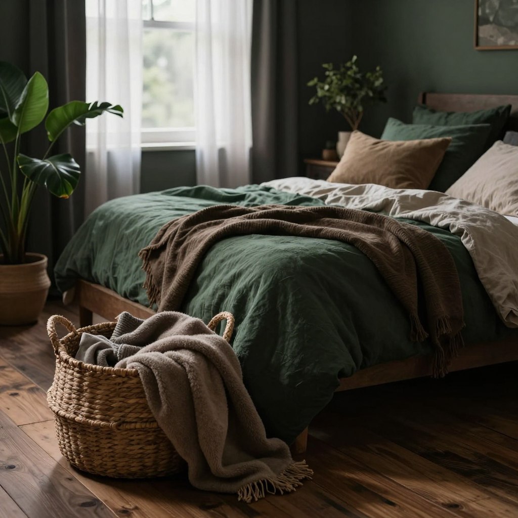 A cozy dark bedroom featuring natural elements, with layers of texture and muted tones. In the foreground, a large woven basket filled with soft, plush blankets in earthy tones lies on a rustic wooden floor. The middle ground boasts a sumptuous, unmade bed draped with a mix of linen and cotton bedding in deep greens and browns, complemented by scattered decorative pillows made of natural fibers. In the background, a window with sheer curtains lets in a soft, diffused light, casting gentle shadows and creating a tranquil atmosphere. Delicate potted plants with lush leaves add a touch of vibrancy and life. The scene is softly illuminated, emphasizing a romantic and moody aura, ideal for a serene escape. A cozy dark bedroom featuring natural elements, with layers of texture and muted tones. In the foreground, a large woven basket filled with soft, plush blankets in earthy tones lies on a rustic wooden floor. The middle ground boasts a sumptuous, unmade bed draped with a mix of linen and cotton bedding in deep greens and browns, complemented by scattered decorative pillows made of natural fibers. In the background, a window with sheer curtains lets in a soft, diffused light, casting gentle shadows and creating a tranquil atmosphere. Delicate potted plants with lush leaves add a touch of vibrancy and life. The scene is softly illuminated, emphasizing a romantic and moody aura, ideal for a serene escape.