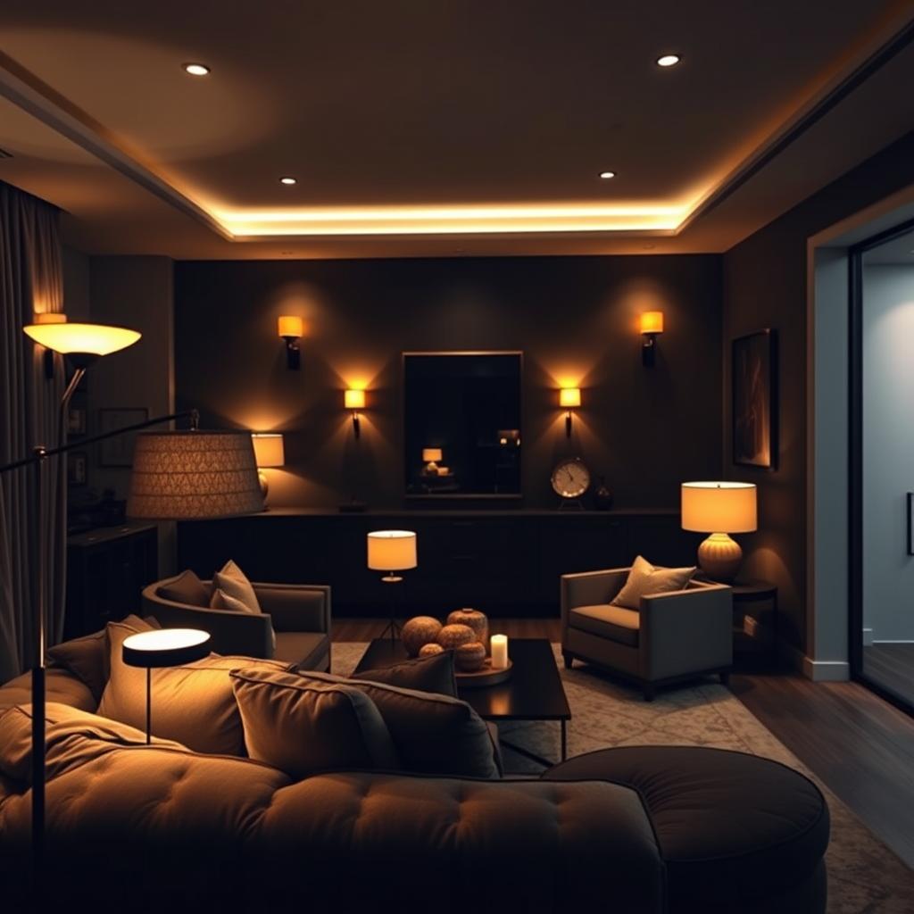 A cozy dark living room showcasing layered lighting solutions, designed for spaces devoid of natural light. In the foreground, an inviting plush sofa adorned with soft cushions, with a stylish floor lamp casting a warm glow. In the middle ground, a contemporary coffee table featuring a decorative centerpiece, illuminated by subtle table lamps. In the background, elegant wall sconces and recessed ceiling lights provide ambient lighting, creating a harmonious atmosphere. The color palette includes rich, dark tones with pops of warm yellow and soft white light, enhancing the room's depth. The scene is captured from a corner angle to accentuate the layered lighting effects, producing a tranquil yet stylish ambiance perfect for relaxing evenings.