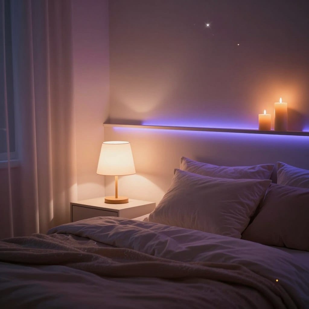 A cozy, dimly lit bedroom scene featuring layered LED lighting creating a romantic atmosphere. In the foreground, a plush bed with soft, fluffy pillows and a subtly textured blanket. A table lamp with soft white light sits on a stylish bedside table, casting a warm glow. In the middle, a sleek LED strip along the headboard emits a gentle hue of pastel colors, providing visual interest. Surrounding the room, tall candles flicker softly on shelves, enhancing the intimate mood. The background reveals soft curtains that diffuse moonlight, creating a serene ambiance. Utilize a shallow depth of field to focus on the lighting features, with a soft lens flare effect from the LEDs, capturing the essence of a dark, romantic bedroom design.