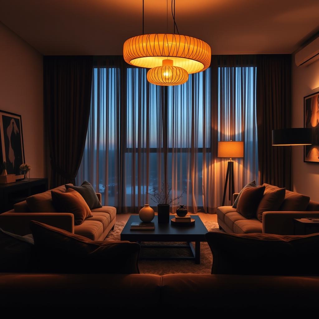 A cozy, dramatic living room interior showcasing contemporary design elements. In the foreground, a plush velvet sofa adorned with deep-toned cushions invites relaxation. The middle ground features a striking coffee table with artistic decor and a soft, luxurious rug. Dramatic lighting fills the space, with sculptural pendant lights casting warm, ambient glows across the room, creating deep shadows and highlighting textures. The background includes stylish curtains partially drawn, allowing hints of twilight to filter in, enhancing the moody atmosphere. Capture this scene with a warm color palette, soft focus, and a slight downward angle to emphasize the lighting effects, creating an inviting yet mysterious ambiance perfect for a deep and dramatic transformation. A cozy, dramatic living room interior showcasing contemporary design elements. In the foreground, a plush velvet sofa adorned with deep-toned cushions invites relaxation. The middle ground features a striking coffee table with artistic decor and a soft, luxurious rug. Dramatic lighting fills the space, with sculptural pendant lights casting warm, ambient glows across the room, creating deep shadows and highlighting textures. The background includes stylish curtains partially drawn, allowing hints of twilight to filter in, enhancing the moody atmosphere. Capture this scene with a warm color palette, soft focus, and a slight downward angle to emphasize the lighting effects, creating an inviting yet mysterious ambiance perfect for a deep and dramatic transformation.