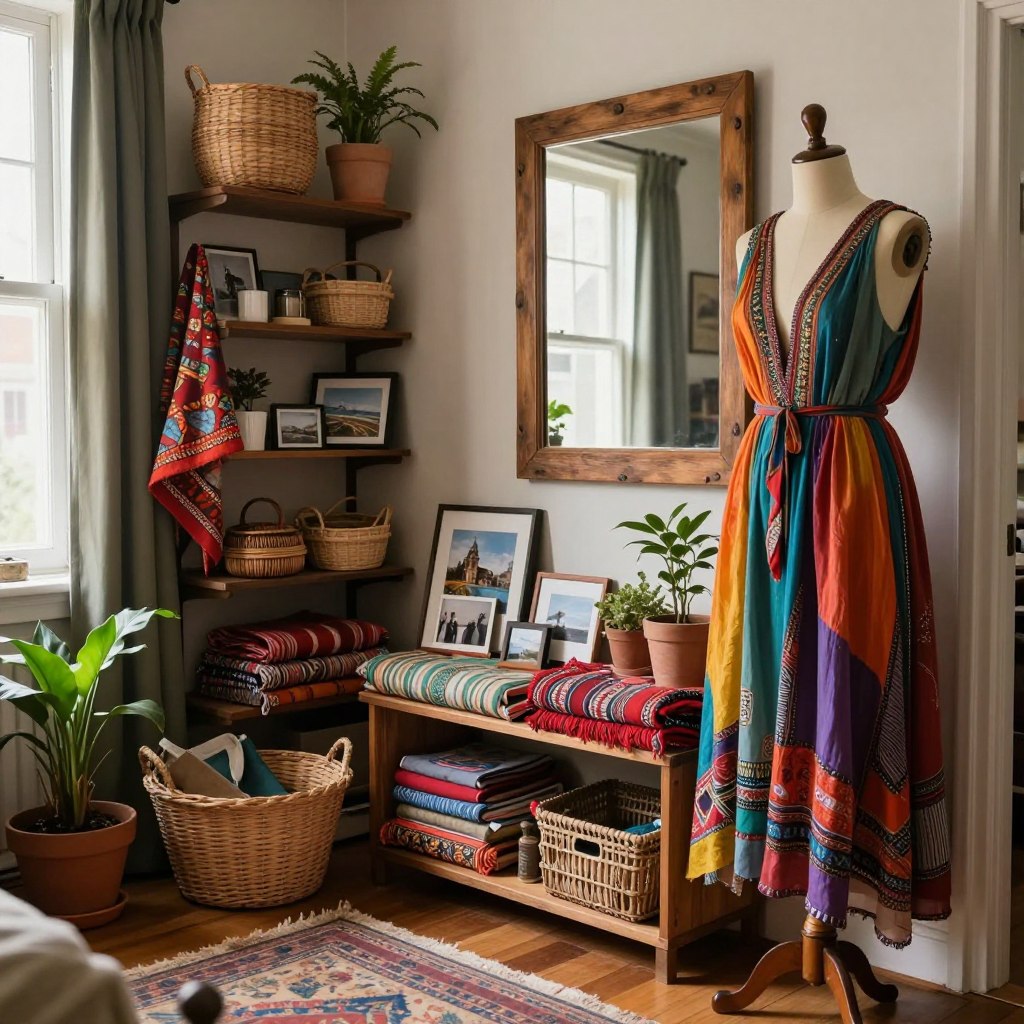 A cozy dressing room designed for a global nomad, featuring an eclectic mix of travel-inspired decor. In the foreground, a vintage wooden dress form displays a flowing, colorful attire made from varied fabrics. The middle showcases an assortment of carefully curated souvenirs: woven baskets, vibrant textiles, and framed photos from around the world, arranged tastefully on open shelves. The background reveals a rustic mirror with a warm wooden frame, softly reflecting the ambient light from a large window, creating a welcoming atmosphere. Natural light spills into the space, highlighting rich textures and layered textiles, while potted plants add a touch of greenery. The mood is relaxed and inviting, perfect for a traveler’s collected treasures, captured at a slightly elevated angle for depth and intimacy. A cozy dressing room designed for a global nomad, featuring an eclectic mix of travel-inspired decor. In the foreground, a vintage wooden dress form displays a flowing, colorful attire made from varied fabrics. The middle showcases an assortment of carefully curated souvenirs: woven baskets, vibrant textiles, and framed photos from around the world, arranged tastefully on open shelves. The background reveals a rustic mirror with a warm wooden frame, softly reflecting the ambient light from a large window, creating a welcoming atmosphere. Natural light spills into the space, highlighting rich textures and layered textiles, while potted plants add a touch of greenery. The mood is relaxed and inviting, perfect for a traveler’s collected treasures, captured at a slightly elevated angle for depth and intimacy.