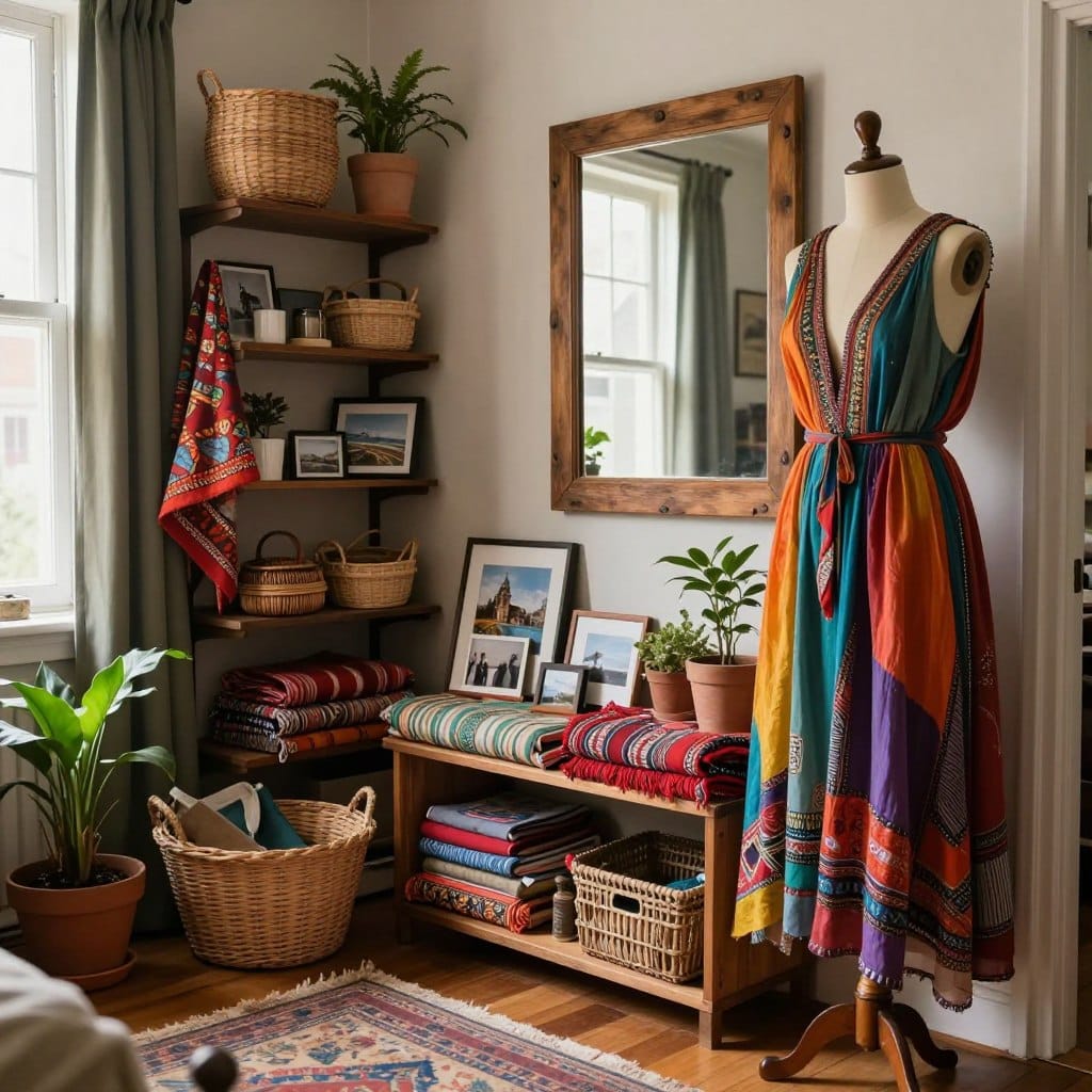 A cozy dressing room designed for a global nomad, featuring an eclectic mix of travel-inspired decor. In the foreground, a vintage wooden dress form displays a flowing, colorful attire made from varied fabrics. The middle showcases an assortment of carefully curated souvenirs: woven baskets, vibrant textiles, and framed photos from around the world, arranged tastefully on open shelves. The background reveals a rustic mirror with a warm wooden frame, softly reflecting the ambient light from a large window, creating a welcoming atmosphere. Natural light spills into the space, highlighting rich textures and layered textiles, while potted plants add a touch of greenery. The mood is relaxed and inviting, perfect for a traveler’s collected treasures, captured at a slightly elevated angle for depth and intimacy.