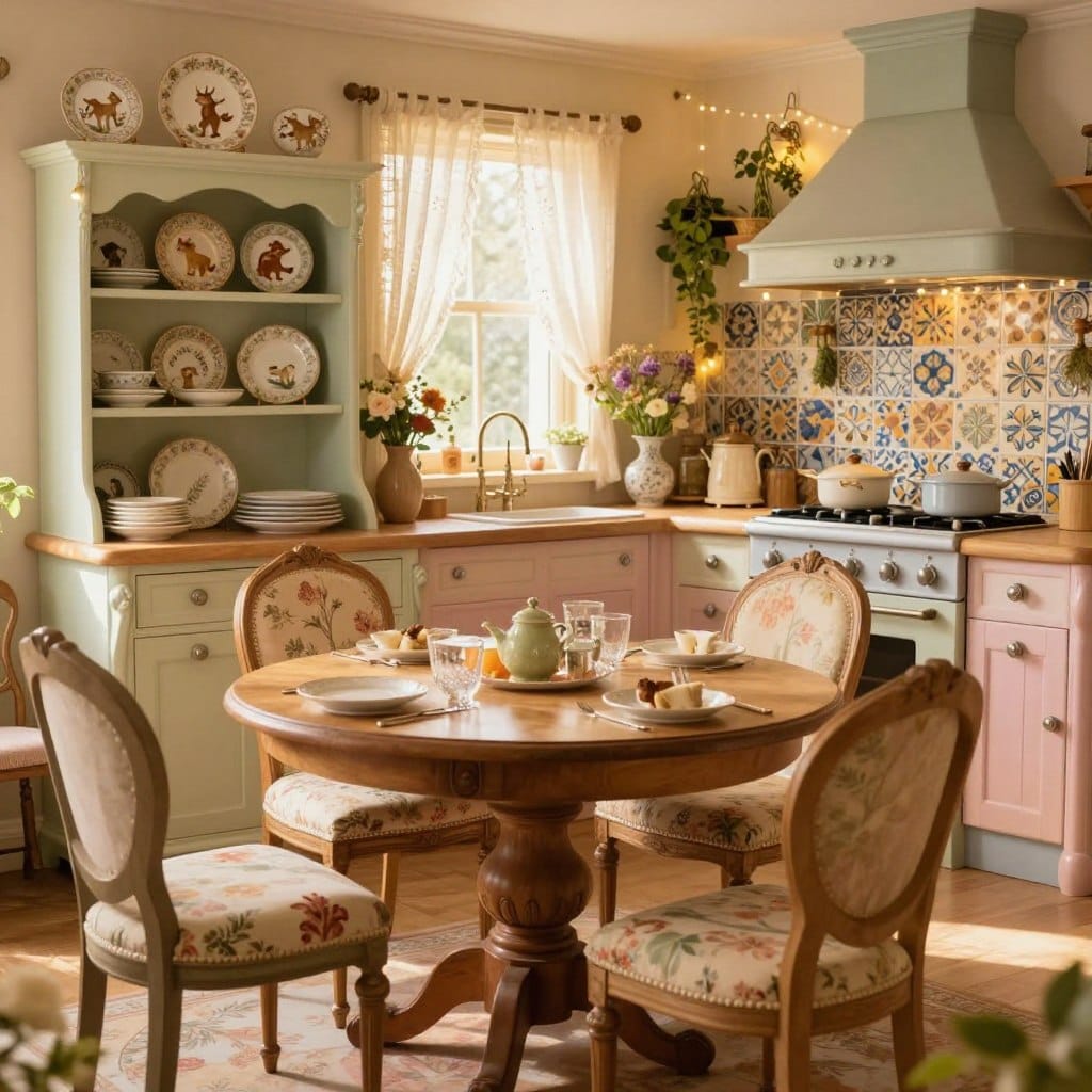 A cozy fairytale-inspired kitchen featuring whimsical furniture. In the foreground, a charming wooden table with intricately carved legs, surrounded by mismatched vintage chairs upholstered in floral fabric. A large hutch displays delicate dishware, adorned with hand-painted motifs of woodland creatures. In the middle, a whimsical island with a curved countertop in soft pastel colors, punctuated by silver accents. Beautifully patterned tiles create a vibrant backsplash behind the stove, adorned with hanging herbs and fairy lights. The background shows a window with sheer lace curtains, allowing warm golden sunlight to flood the room, creating an inviting atmosphere. Use a soft focus lens and a warm color palette to enhance the magical feel. The overall mood is enchanting and nostalgic, perfect for kindling creativity in culinary adventures.