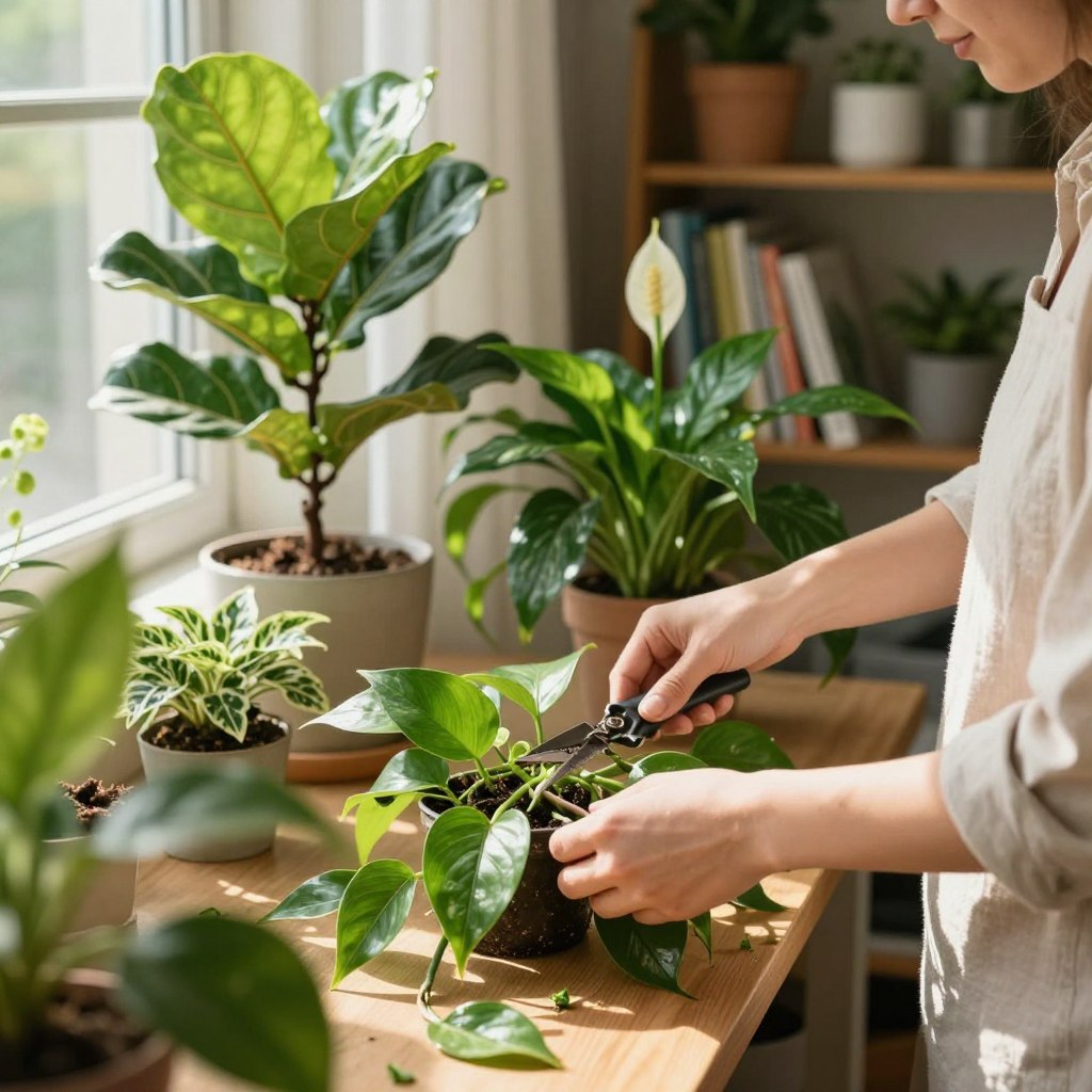 A cozy indoor setting featuring a person in a light, casual outfit carefully pruning a variety of lush indoor plants. In the foreground, the individual focuses on trimming a vibrant green pothos, showcasing the meticulous pruning process with fresh cuttings scattered around. The middle ground displays a selection of vibrant foliage, including a fiddle leaf fig and peace lily, bathed in warm, natural sunlight streaming through a nearby window. In the background, soft-focus bookshelves filled with plant care guides and decorative pots create an inviting atmosphere. The lighting is soft and warm, evoking a sense of tranquility and nurturing care, ideal for a plant care enthusiast. The angle captures the scene from a slightly elevated perspective, emphasizing both the person and the beauty of the plants. A cozy indoor setting featuring a person in a light, casual outfit carefully pruning a variety of lush indoor plants. In the foreground, the individual focuses on trimming a vibrant green pothos, showcasing the meticulous pruning process with fresh cuttings scattered around. The middle ground displays a selection of vibrant foliage, including a fiddle leaf fig and peace lily, bathed in warm, natural sunlight streaming through a nearby window. In the background, soft-focus bookshelves filled with plant care guides and decorative pots create an inviting atmosphere. The lighting is soft and warm, evoking a sense of tranquility and nurturing care, ideal for a plant care enthusiast. The angle captures the scene from a slightly elevated perspective, emphasizing both the person and the beauty of the plants.