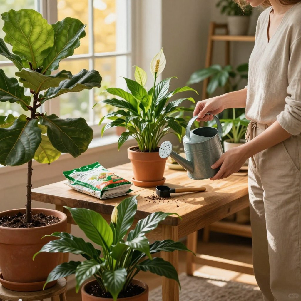 A cozy indoor setting featuring a person wearing modest casual clothing, gently fertilizing a variety of vibrant indoor plants. In the foreground, a potted fiddle leaf fig and a lush peace lily showcase their green leaves, while the person holds a small, elegant watering can filled with nutrient-rich fertilizer. The middle ground includes a stylish wooden table with various plant care tools neatly arranged, including a soil tester and organic fertilizer bags. In the background, sunlit windows filter golden light, casting soft shadows and creating a warm, inviting atmosphere. The overall mood is calm and nurturing, emphasizing the importance of care and attention for thriving indoor plants. A cozy indoor setting featuring a person wearing modest casual clothing, gently fertilizing a variety of vibrant indoor plants. In the foreground, a potted fiddle leaf fig and a lush peace lily showcase their green leaves, while the person holds a small, elegant watering can filled with nutrient-rich fertilizer. The middle ground includes a stylish wooden table with various plant care tools neatly arranged, including a soil tester and organic fertilizer bags. In the background, sunlit windows filter golden light, casting soft shadows and creating a warm, inviting atmosphere. The overall mood is calm and nurturing, emphasizing the importance of care and attention for thriving indoor plants.