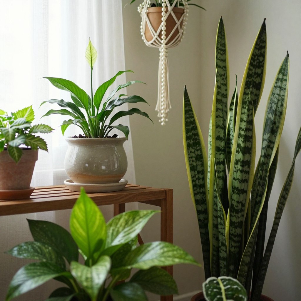 A cozy indoor space featuring a variety of lush indoor plants arranged harmoniously. In the foreground, a vibrant pothos and a tall snake plant. In the middle ground, a wooden shelf adorned with a decorative ceramic pot containing a small peace lily and a hanging macramé planter with a string of pearls. The background shows a softly lit room with natural light filtering through sheer curtains, highlighting the greenery. The atmosphere is tranquil and inviting, emphasizing the beauty and diversity of indoor plants. The scene is captured using a soft focus lens for a warm, intimate feel, promoting a sense of peace and connection to nature within the home. A cozy indoor space featuring a variety of lush indoor plants arranged harmoniously. In the foreground, a vibrant pothos and a tall snake plant. In the middle ground, a wooden shelf adorned with a decorative ceramic pot containing a small peace lily and a hanging macramé planter with a string of pearls. The background shows a softly lit room with natural light filtering through sheer curtains, highlighting the greenery. The atmosphere is tranquil and inviting, emphasizing the beauty and diversity of indoor plants. The scene is captured using a soft focus lens for a warm, intimate feel, promoting a sense of peace and connection to nature within the home.