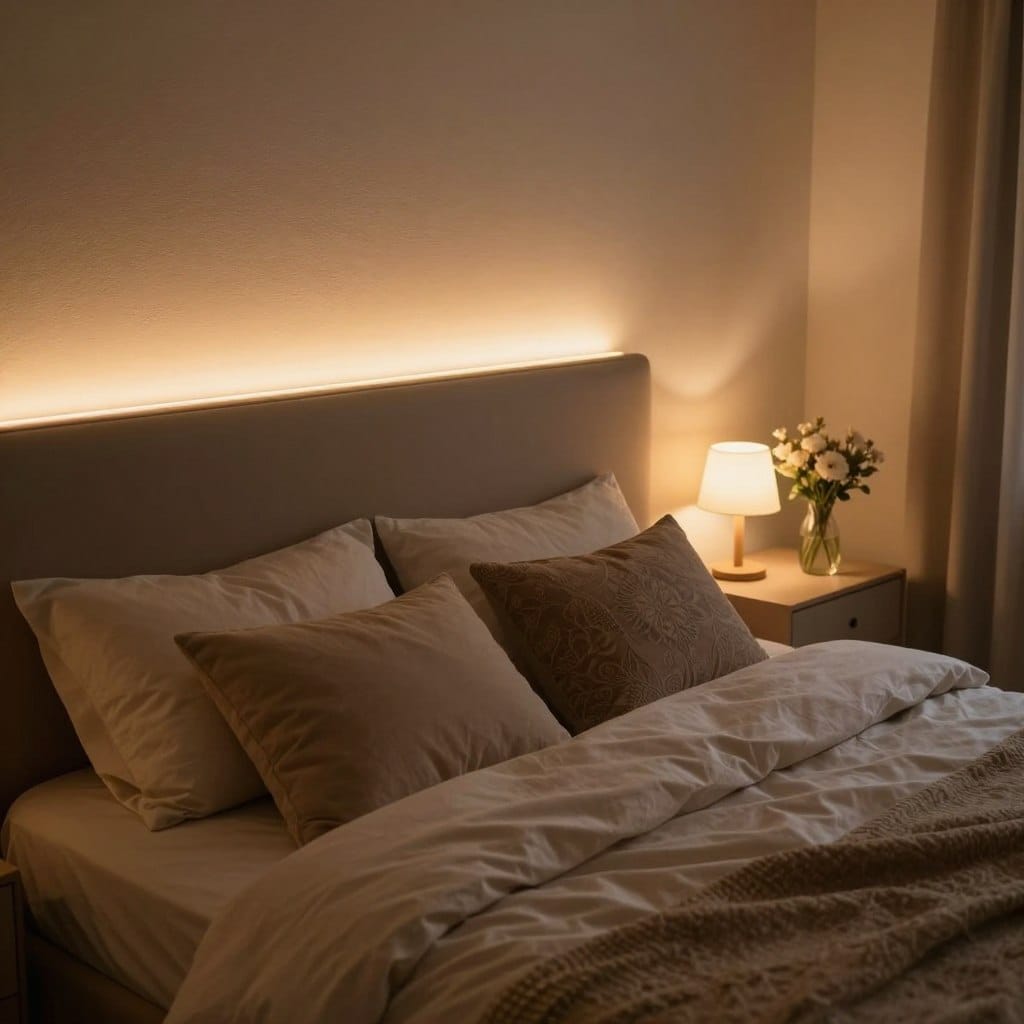 A cozy, intimate bedroom featuring a beautifully designed headboard with soft LED strip lights glowing gently behind it, casting a warm, inviting ambiance across the room. In the foreground, the plush bedding with tasteful decorative pillows creates an inviting feel. The middle ground showcases the stylish headboard illuminated by the LED lights, adding a romantic touch with their soft hues of amber and soft white. The background reveals a softly lit bedside table with a minimalistic lamp and a small vase of fresh flowers. The scene is captured from a slightly elevated angle, emphasizing the gentle glow of the lights and the soothing atmosphere. The overall mood is tranquil and intimate, perfect for a romantic evening.