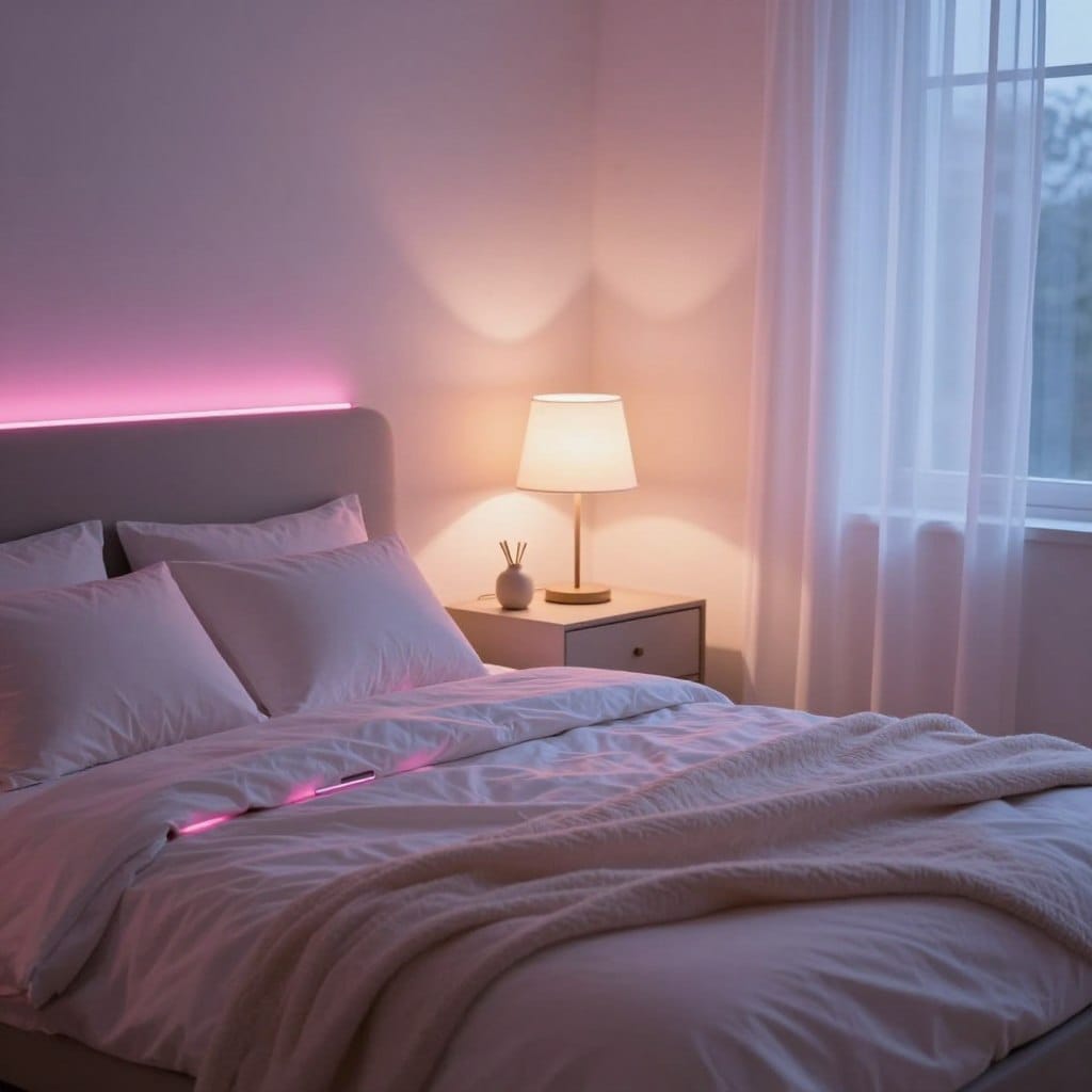 A cozy, intimate bedroom illuminated by smart LED lighting solutions, featuring sleek and modern LED strips around the bed and soft bedside lamps emitting a warm, romantic glow. In the foreground, a beautifully made bed with fluffy pillows and a soft, textured blanket, showcasing adjustable LED lights casting gentle hues of pink and soft blue across the room. The middle ground features a stylish nightstand with a contemporary lamp and personal decorative elements, while the background displays a serene window with sheer curtains gently illuminated by the ambient LED lighting. The scene captures a tranquil, inviting atmosphere, ideal for relaxation and intimacy, with a focus on technology's role in enhancing the romantic mood. Soft focus on the edges, capturing an inviting and dreamy vibe.