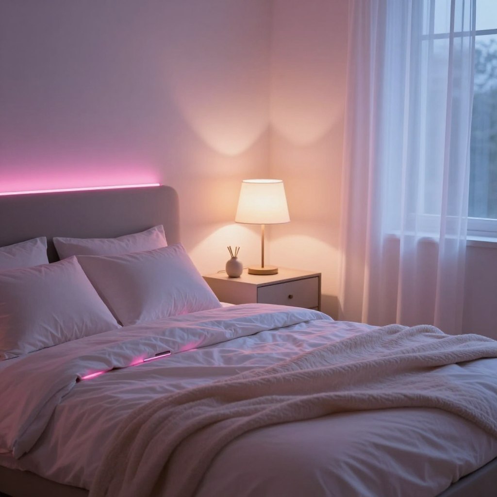 A cozy, intimate bedroom illuminated by smart LED lighting solutions, featuring sleek and modern LED strips around the bed and soft bedside lamps emitting a warm, romantic glow. In the foreground, a beautifully made bed with fluffy pillows and a soft, textured blanket, showcasing adjustable LED lights casting gentle hues of pink and soft blue across the room. The middle ground features a stylish nightstand with a contemporary lamp and personal decorative elements, while the background displays a serene window with sheer curtains gently illuminated by the ambient LED lighting. The scene captures a tranquil, inviting atmosphere, ideal for relaxation and intimacy, with a focus on technology's role in enhancing the romantic mood. Soft focus on the edges, capturing an inviting and dreamy vibe. A cozy, intimate bedroom illuminated by smart LED lighting solutions, featuring sleek and modern LED strips around the bed and soft bedside lamps emitting a warm, romantic glow. In the foreground, a beautifully made bed with fluffy pillows and a soft, textured blanket, showcasing adjustable LED lights casting gentle hues of pink and soft blue across the room. The middle ground features a stylish nightstand with a contemporary lamp and personal decorative elements, while the background displays a serene window with sheer curtains gently illuminated by the ambient LED lighting. The scene captures a tranquil, inviting atmosphere, ideal for relaxation and intimacy, with a focus on technology's role in enhancing the romantic mood. Soft focus on the edges, capturing an inviting and dreamy vibe.