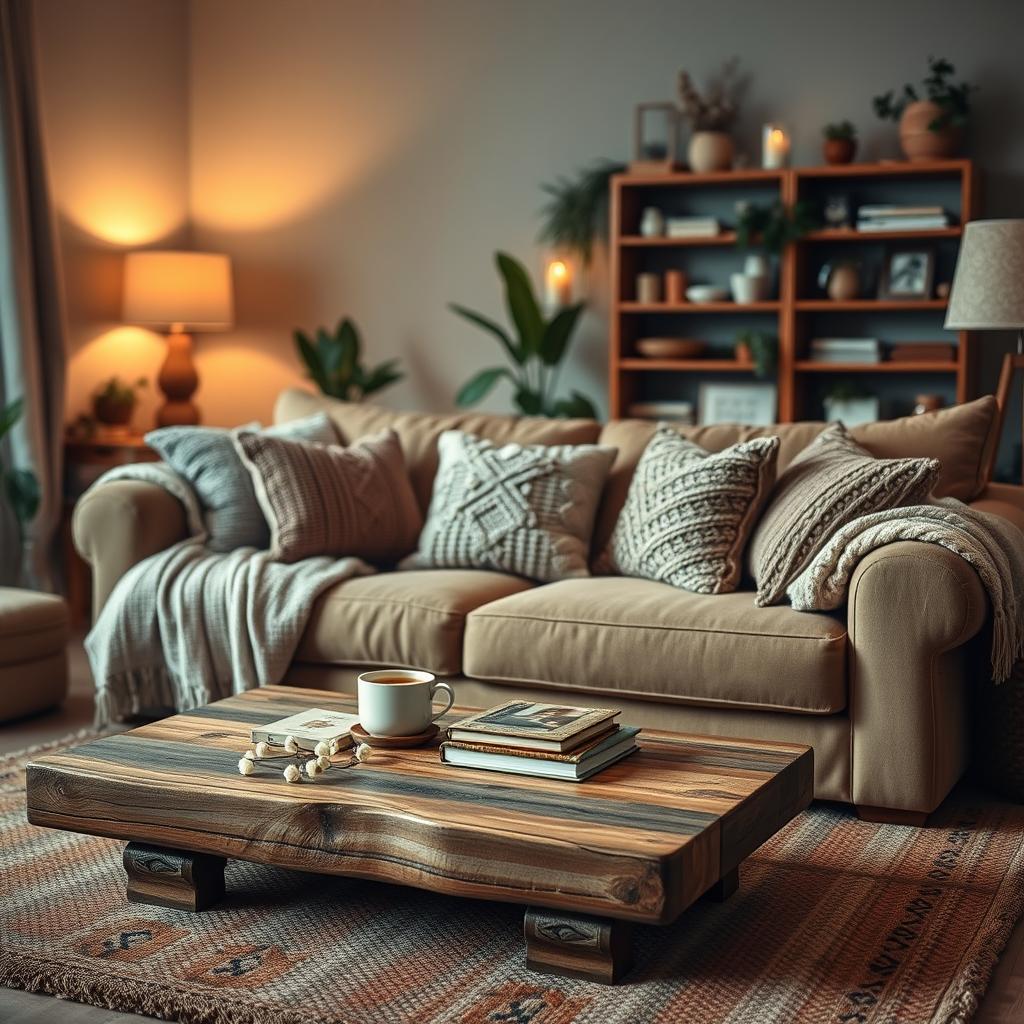 A cozy living room decor featuring soft, ambient lighting that bathes the room in warm tones. In the foreground, a plush, oversized sofa adorned with thick knitted throws and an assortment of textured cushions, all in earthy colors. A rustic wooden coffee table sits invitingly, topped with a steaming mug of tea and a small stack of well-loved books. The middle ground shows a carefully arranged area rug that adds warmth and comfort underfoot. In the background, a bookshelf filled with various decor items, candles flickering gently, and plants subtly peeking through the serene spaces. Soft, diffused light from a nearby lamp enhances the tranquil atmosphere, emphasizing a sense of relaxation and warmth. The overall mood should evoke feelings of comfort and sanctuary, perfect for unwinding after a long day.