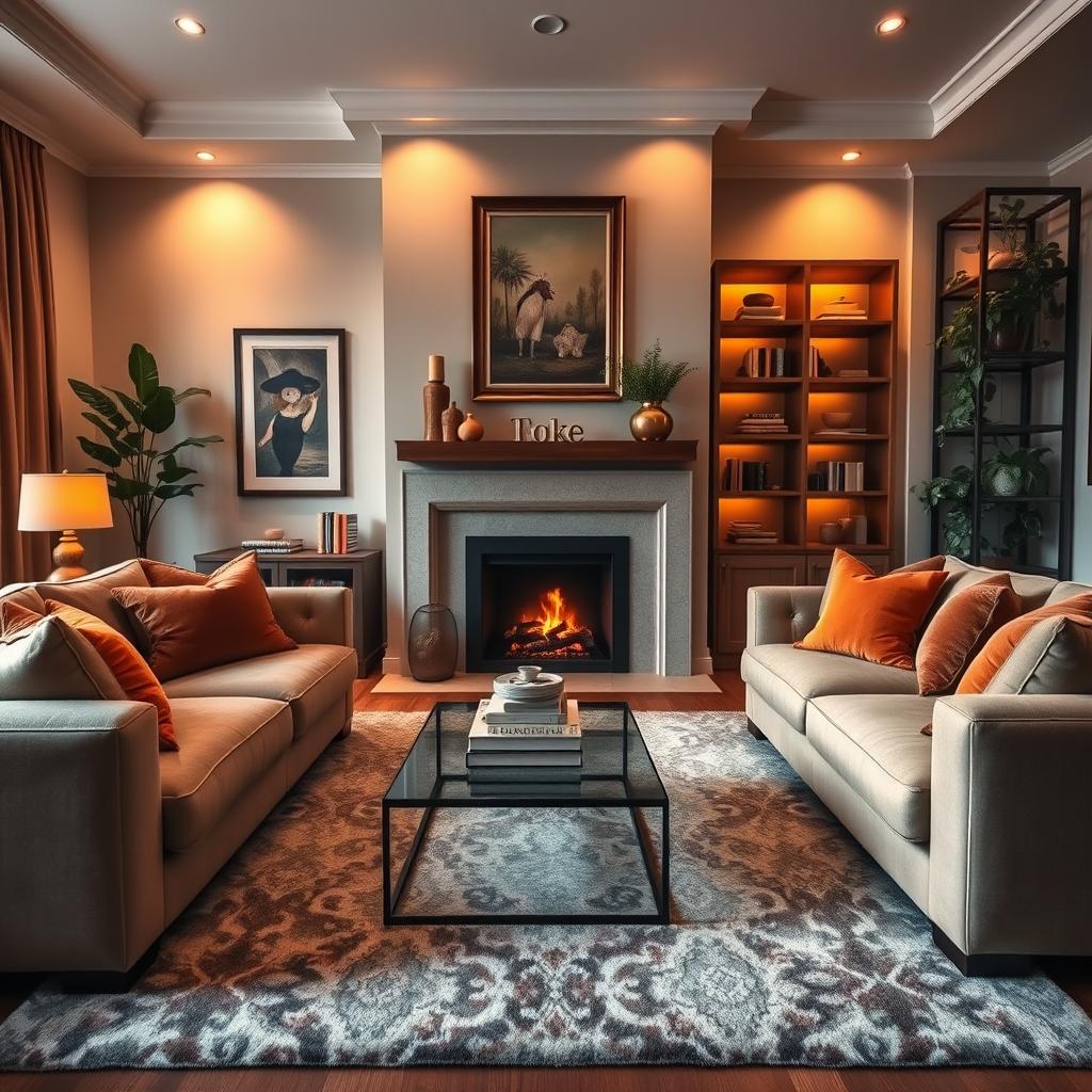 A cozy living room decorated in warm tones, featuring a large, plush sectional sofa adorned with vibrant throw pillows. In the foreground, a soft area rug adds texture and warmth beneath a stylish coffee table with stacked books and a decorative vase. The middle ground highlights a stunning fireplace as the focal point, framed by elegant wall art and soft ambient lighting that enhances the room’s inviting atmosphere. In the background, a tall bookshelf filled with greenery and charming decor items adds depth without overwhelming. The scene is softly lit with warm, golden hues, creating a relaxed and welcoming feel, perfect for gatherings or quiet evenings. The angle captures the entire space, emphasizing the balance between comfort and stylish design, with no people or text present.
