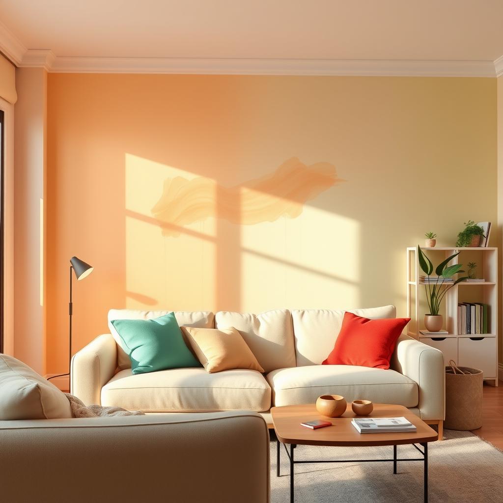 A cozy living room featuring a wall adorned with soft light paint colors in shades of pastel orange, mint green, and pale yellow. The paint reflects natural light from a nearby window, creating a warm, inviting glow throughout the space. In the foreground, a plush cream sofa with colorful throw pillows sits comfortably, while a stylish coffee table holds a few decorative items. The middle ground showcases a striking wall with an abstract design of blended paint colors that seems to dance in the light. In the background, a simple bookshelf filled with plants and books adds to the serene atmosphere. The room is illuminated with gentle, diffuse lighting that enhances the painted wall's vibrancy, evoking a cheerful and uplifting mood. The angle captures the room from a slight elevation to emphasize the play of light on the wall.
