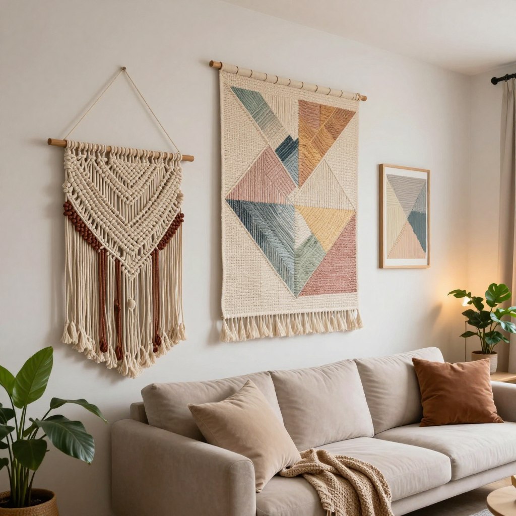 A cozy living room featuring an array of beautifully woven wall hangings, set as the focal point. The foreground showcases an intricately designed macramé piece with a mix of earthy tones and natural textures, elegantly framed with minimalist wooden decor. In the middle, a large woven wall tapestry with geometric patterns, incorporating shades of cream and soft pastel colors, harmonizes with a comfy sofa adorned with complementary cushions. In the background, a softly lit space with warm ambient lighting enhances the inviting atmosphere, while potted plants add a touch of greenery. The scene is captured from a slightly elevated angle, creating depth and emphasizing the artful arrangement. The mood is tranquil and artistic, reflecting contemporary interior design trends. A cozy living room featuring an array of beautifully woven wall hangings, set as the focal point. The foreground showcases an intricately designed macramé piece with a mix of earthy tones and natural textures, elegantly framed with minimalist wooden decor. In the middle, a large woven wall tapestry with geometric patterns, incorporating shades of cream and soft pastel colors, harmonizes with a comfy sofa adorned with complementary cushions. In the background, a softly lit space with warm ambient lighting enhances the inviting atmosphere, while potted plants add a touch of greenery. The scene is captured from a slightly elevated angle, creating depth and emphasizing the artful arrangement. The mood is tranquil and artistic, reflecting contemporary interior design trends.