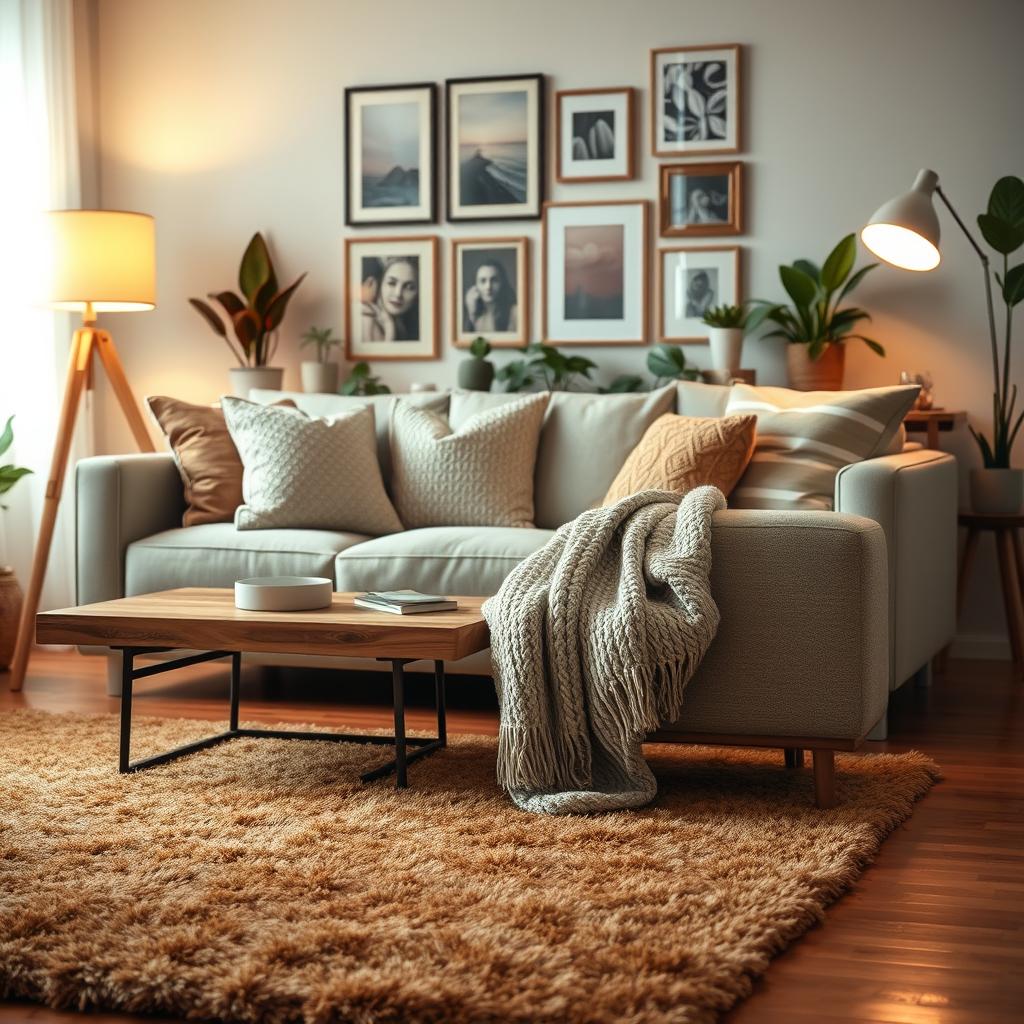 A cozy living room featuring an artful layering of soft furnishings. In the foreground, a plush area rug in warm earth tones lies atop wooden flooring, anchoring the space. An inviting sofa, adorned with an array of textured throw pillows in contrasting patterns and colors, faces a chic coffee table made of reclaimed wood. In the middle ground, a knit throw blanket drapes over the armrest, inviting touch. A floor lamp with a soft, warm glow illuminates the scene, creating a sense of warmth. In the background, a gallery wall displays framed artwork that adds personality and depth, complemented by potted plants bringing a touch of greenery. The warm lighting and layered textures evoke a peaceful, inviting atmosphere, perfect for relaxation.