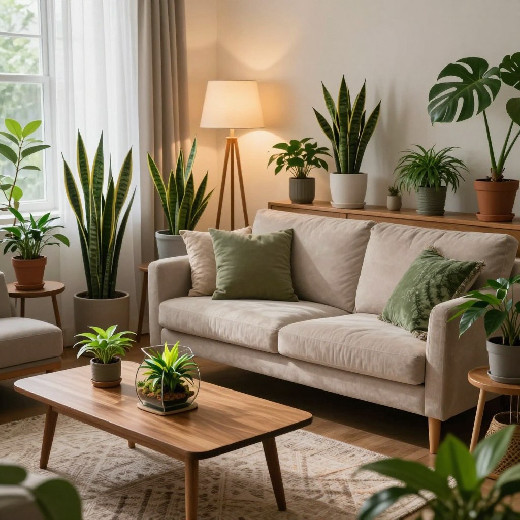 A cozy living room filled with a diverse collection of low-light indoor plants, including snake plants, pothos, and ZZ plants. In the foreground, a stylish wooden coffee table adorned with a small, vibrant terrarium. The middle layer showcases an inviting, plush sofa with soft, neutral-colored cushions, surrounded by several plant pots placed on elegant stands. The background features warm, ambient lighting from a vintage floor lamp, casting gentle shadows and a soft glow across the room. A textured rug adds warmth underfoot, while large windows are draped with sheer curtains to create a tranquil atmosphere. Capture this scene from a slightly elevated angle to highlight the lush greenery, emphasizing a serene and rejuvenating home environment perfect for low-light plant enthusiasts.
