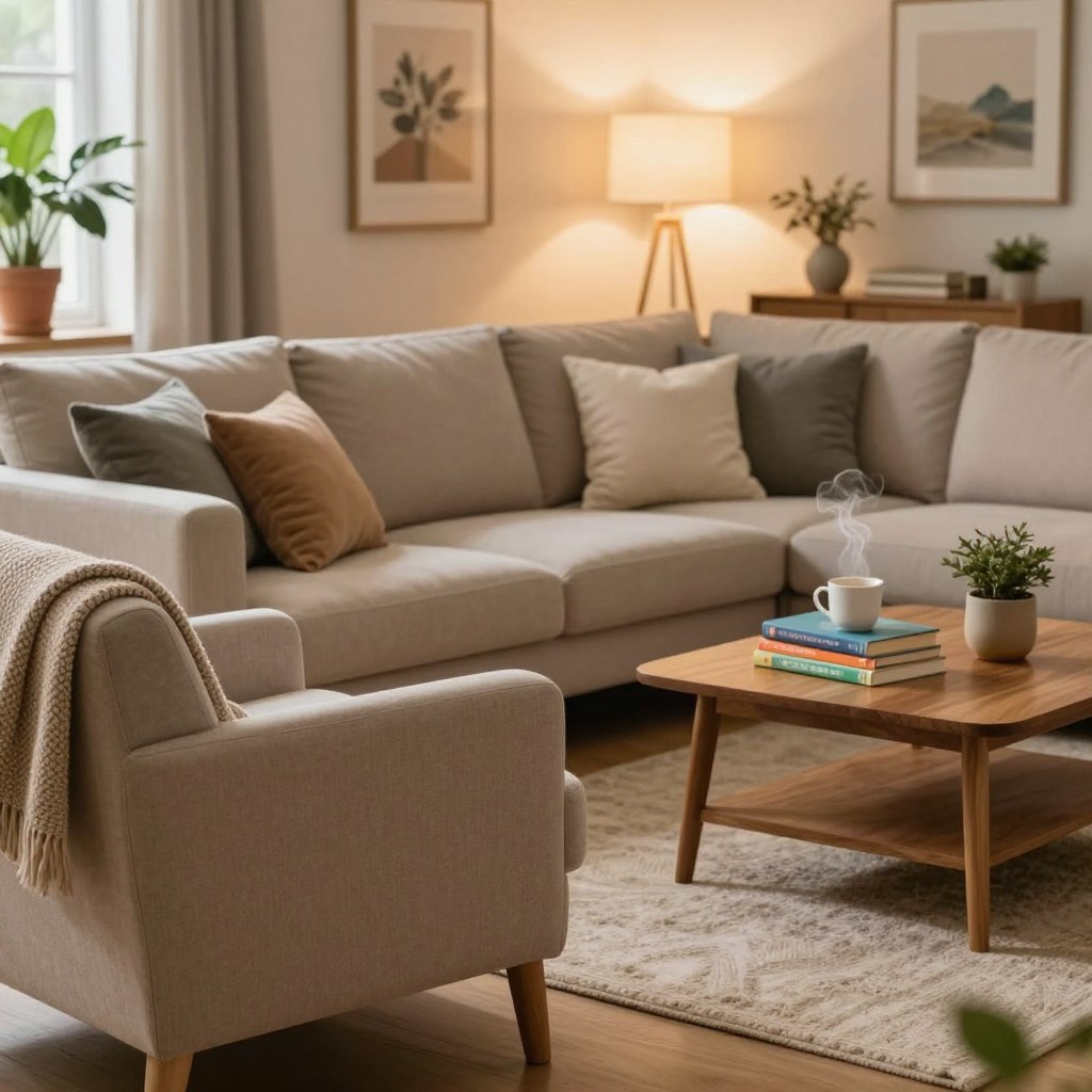 A cozy living room filled with inviting furniture arrangements, featuring plush, comfortable sofas and chairs in warm, soft fabrics. In the foreground, a well-cushioned armchair with a knitted throw draped over the back sits beside a stylish wooden coffee table topped with a steaming mug and a stack of colorful books. The middle ground showcases a spacious sectional sofa adorned with fluffy pillows, positioned to create an intimate conversational space. In the background, a subtle backdrop of soft, ambient lighting emanates from elegant table lamps, casting a warm glow across the room. Natural elements like potted plants and artful decor complete the scene, evoking a peaceful and welcoming atmosphere perfect for relaxation. The image should capture the essence of comfort and warmth, inviting viewers to envision their own cozy sanctuary.