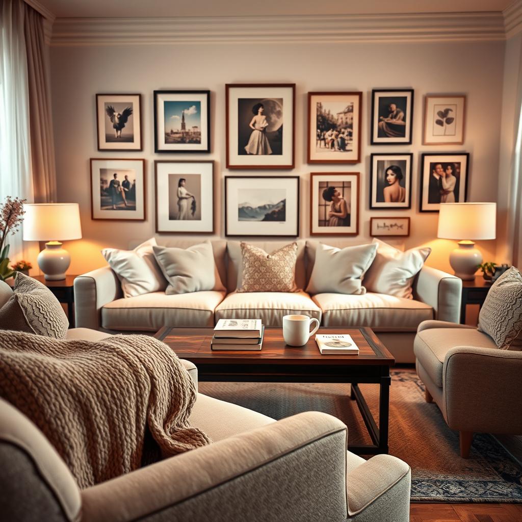 A cozy living room focal point featuring a beautifully styled seating area centered around a soft, plush sofa with inviting cushions. In the foreground, a textured throw blanket is draped over an armchair, enhancing the sense of comfort. The middle layer showcases a stylish coffee table adorned with art books and a steaming cup of coffee. Behind this arrangement, a stunning gallery wall displays framed artwork, adding a splash of color and personality. The overall lighting is warm and ambient, creating a serene atmosphere, with sunlight filtering through sheer curtains. The perspective is a wide-angle view, capturing the essence of a sanctuary-like space, inviting relaxation and conversation, perfect for an intimate gathering or quiet retreat.