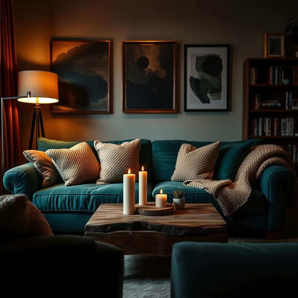 A cozy living room inspired by moody aesthetics, featuring soft ambient lighting. In the foreground, a plush, deep emerald green sofa adorned with textured throw pillows and a warm, inviting knitted blanket. The middle ground showcases a rustic wooden coffee table with a few artfully arranged candles and a small potted plant. To the side, a modern floor lamp casts a gentle glow, enhancing the inviting atmosphere. In the background, framed artwork with dark hues and abstract designs hang on the walls, alongside a bookshelf filled with books and decorative items. The overall color palette is rich and warm, evoking a sense of calm and comfort. The scene should be viewed from a slightly elevated angle to capture the depth and detail, creating an intimate, serene ambiance perfect for relaxation.