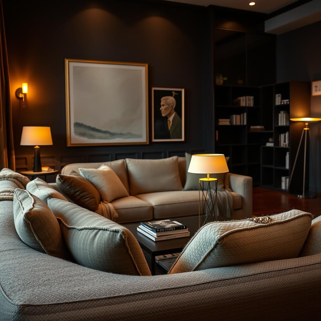 A cozy living room interior designed for spaces without natural light, featuring layered lighting elements that create a warm and inviting atmosphere. In the foreground, a plush, textured couch adorned with soft throws and decorative cushions invites relaxation. The middle ground showcases a stylish coffee table with a few curated books and a chic lamp casting a warm glow. The background includes dark, rich-colored walls accentuated with elegant wall art and a unique bookshelf, all subtly illuminated by ambient sconces and a statement floor lamp. The scene captures a peaceful and intimate vibe, accentuated by the gentle interplay of light and shadow, viewed from a slight angle to highlight the room's depth and comfort.