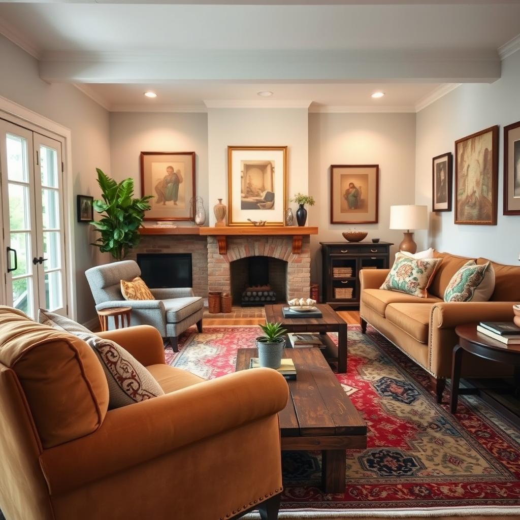 A cozy living room sanctuary that beautifully blends vintage and modern elements. In the foreground, a plush, oversized armchair upholstered in warm, earthy tones sits next to a rustic wooden coffee table adorned with a stack of coffee table books and a small potted plant. The middle layer showcases a comfortable sectional sofa with vibrant throw pillows, complemented by a vintage rug with intricate patterns. The background features a soft-lit fireplace with decorative mantels and framed art pieces that highlight the fusion of old and new styles. Large windows allow natural light to fill the space, enhancing the warm, inviting atmosphere. The room is styled with gentle lighting, creating a serene, welcoming mood perfect for relaxation and conversation.